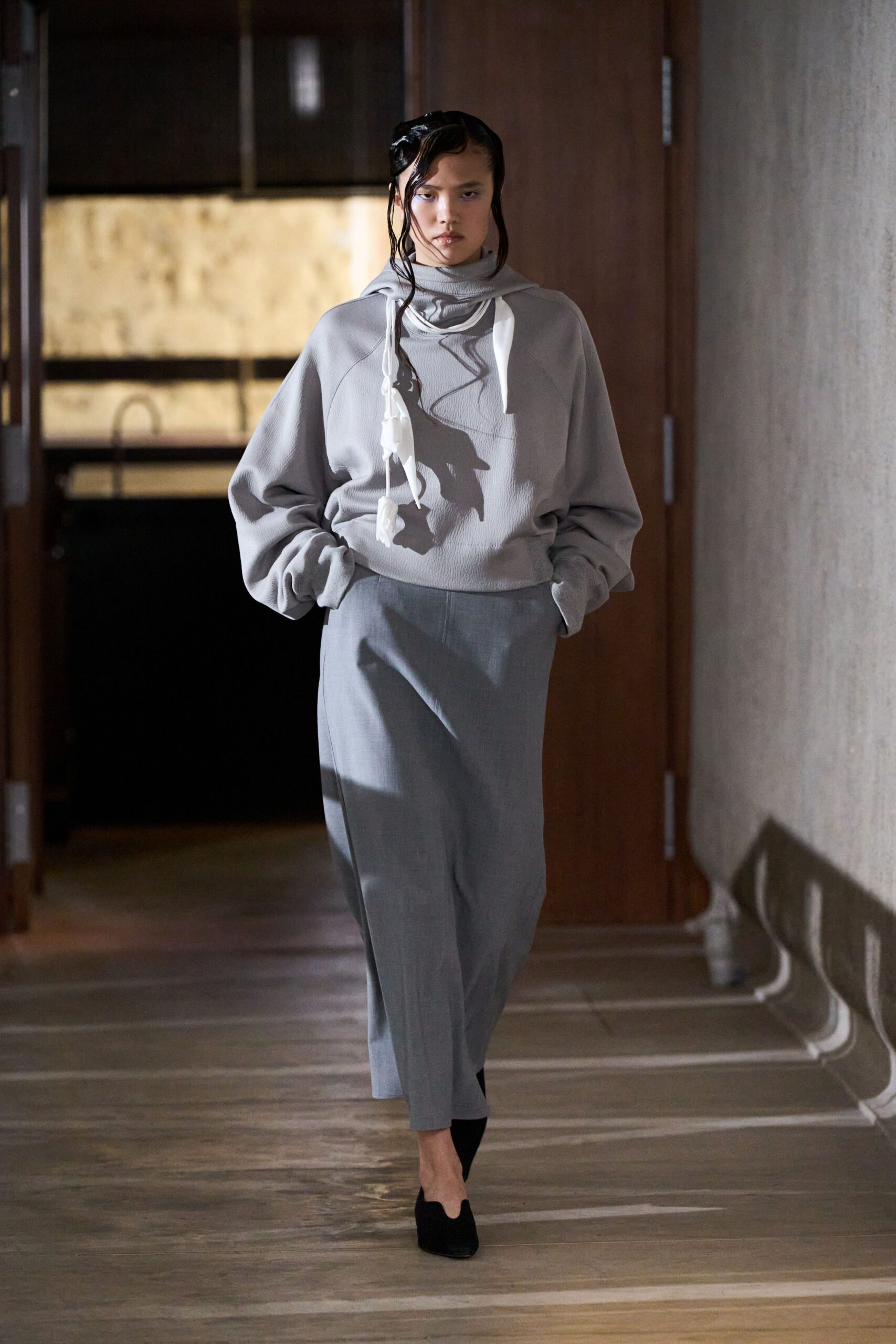 gray oversized sweater and midi skirt