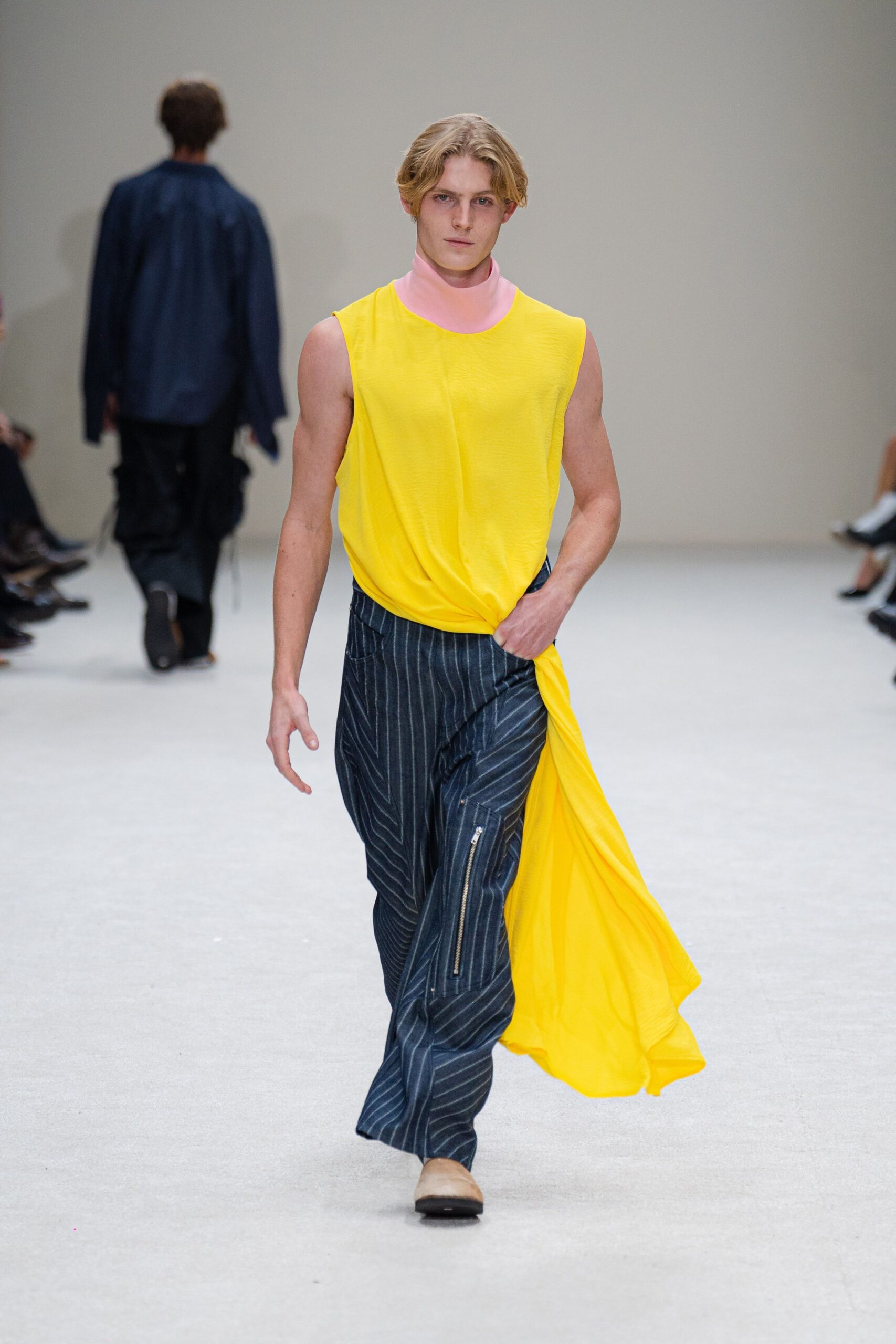 yellow relaxed top with striped pants