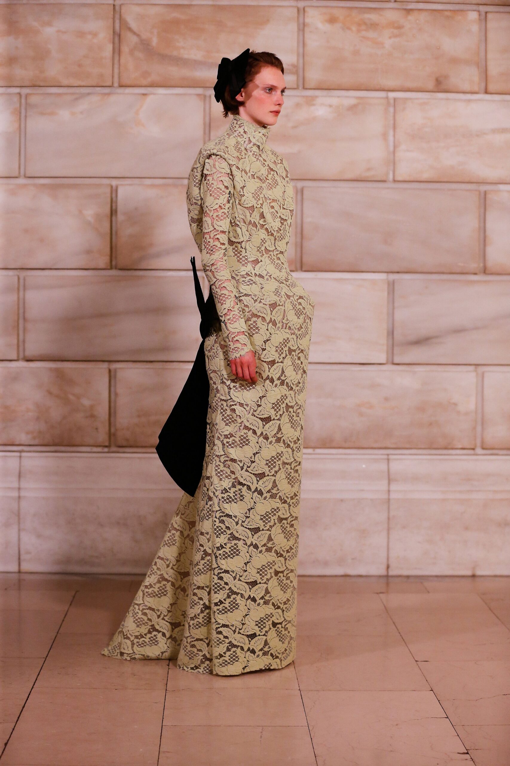 green lace long-sleeve high-neck fitted pleated pockets gown
