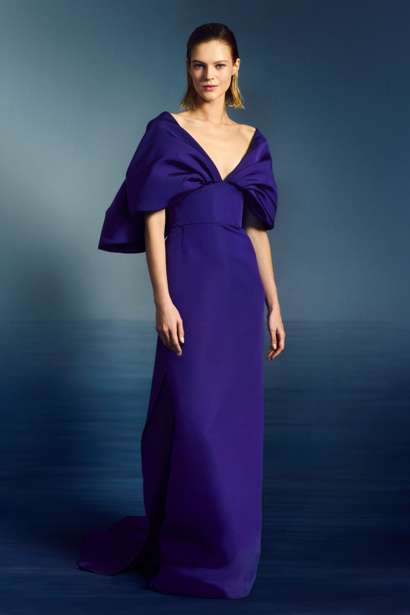 purple silk sleeveless gown