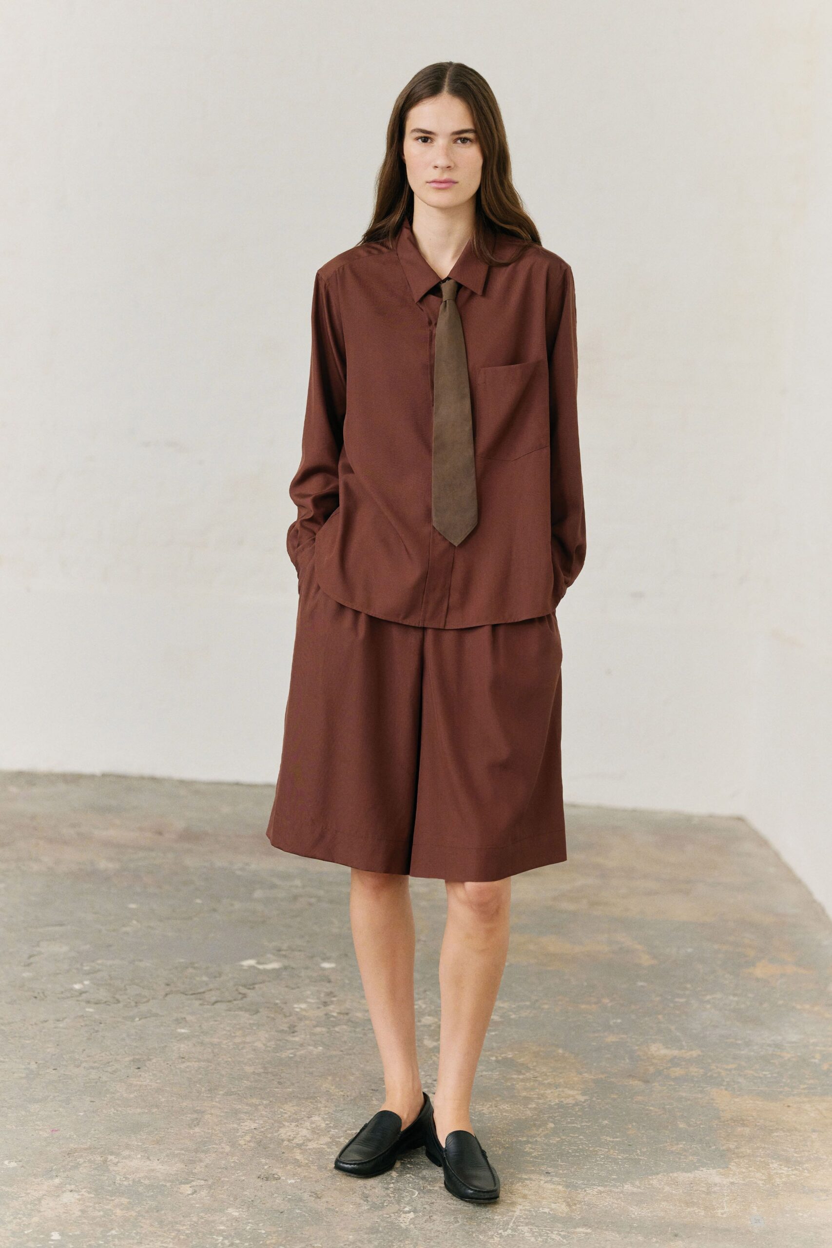 brown shirt and shorts outfit