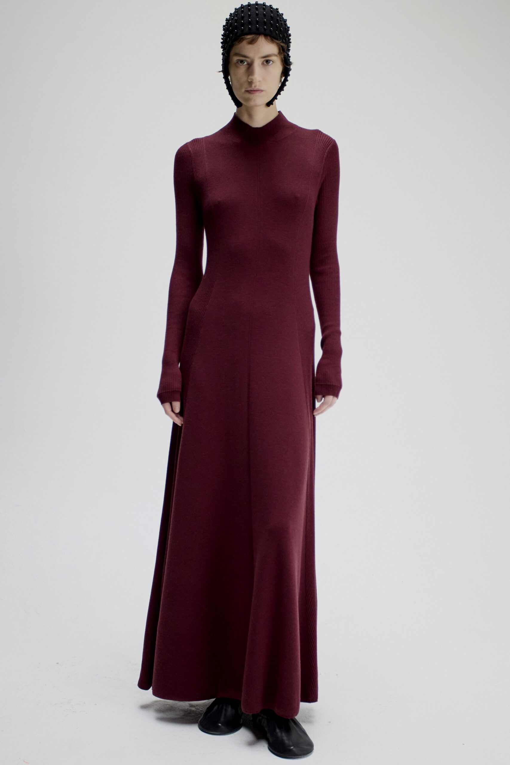 red cotton long-sleeve high-neck fitted straight-leg maxi gown