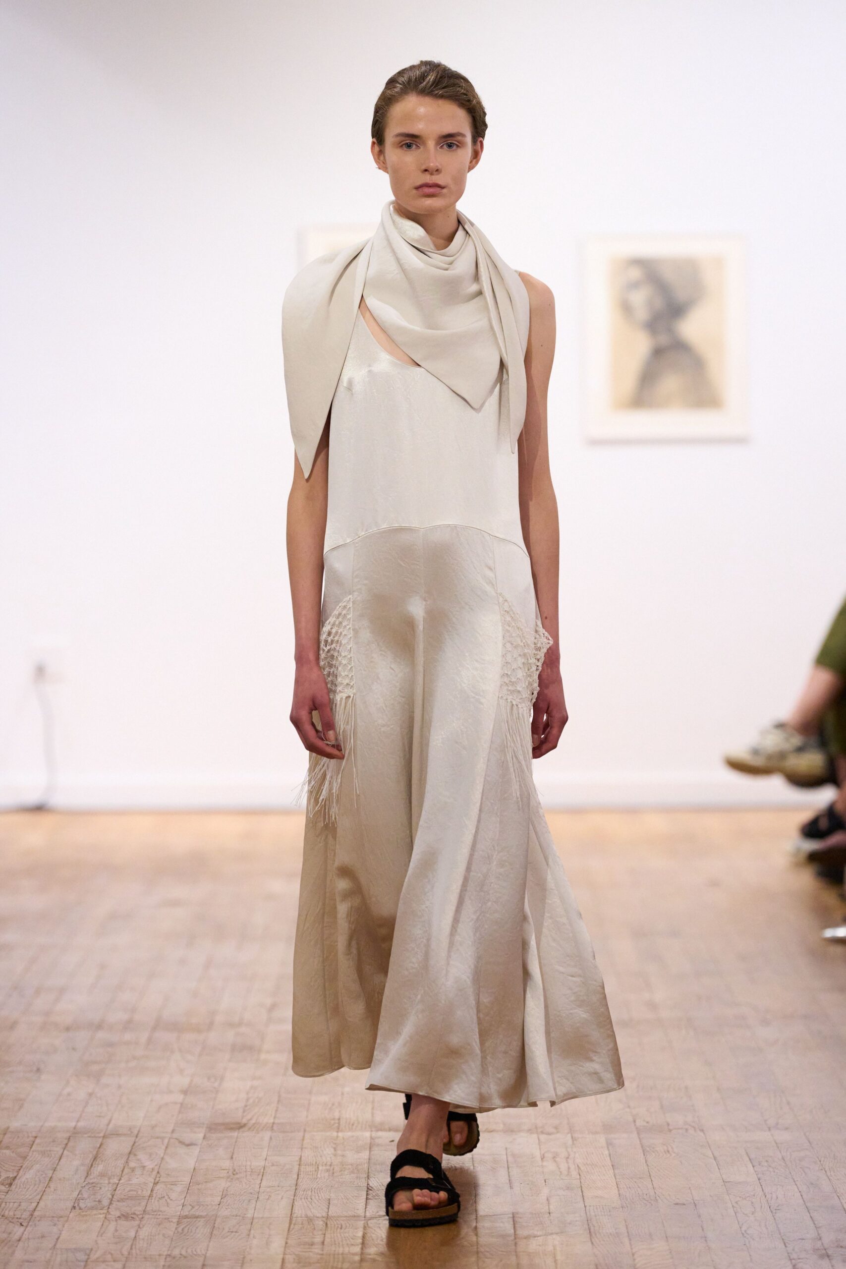 beige silk sleeveless v-neck fitted draped tiered dress