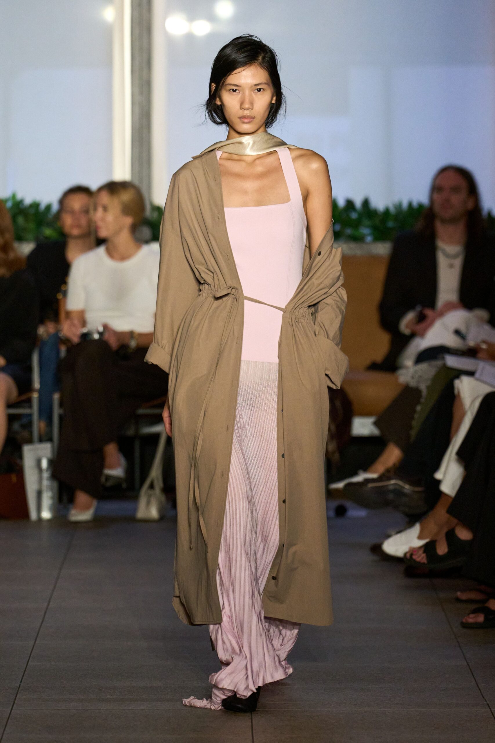 pink silk fitted high-waisted pleated flowing midi skirt