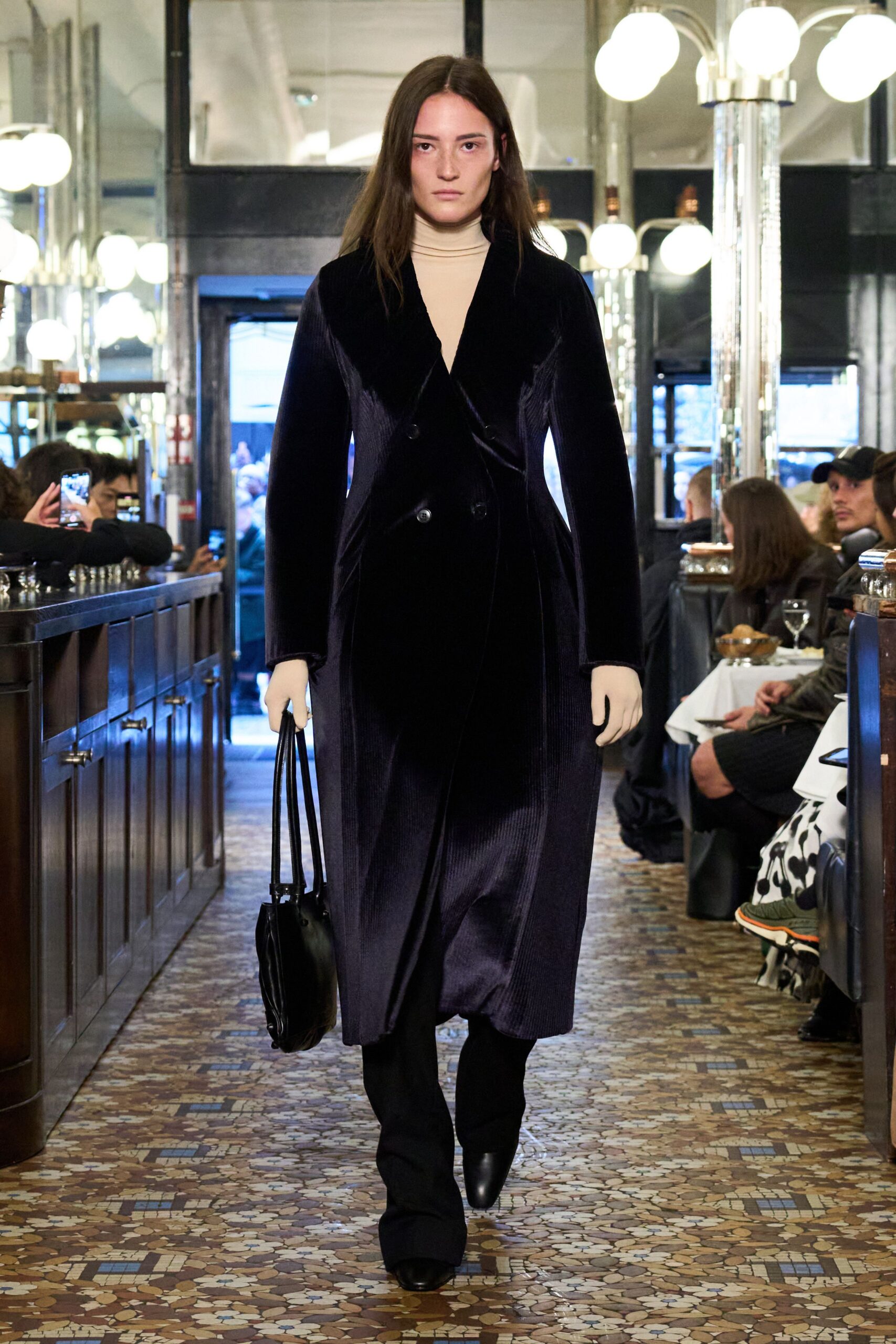 black velvet long-sleeve collared fitted textured maxi coat