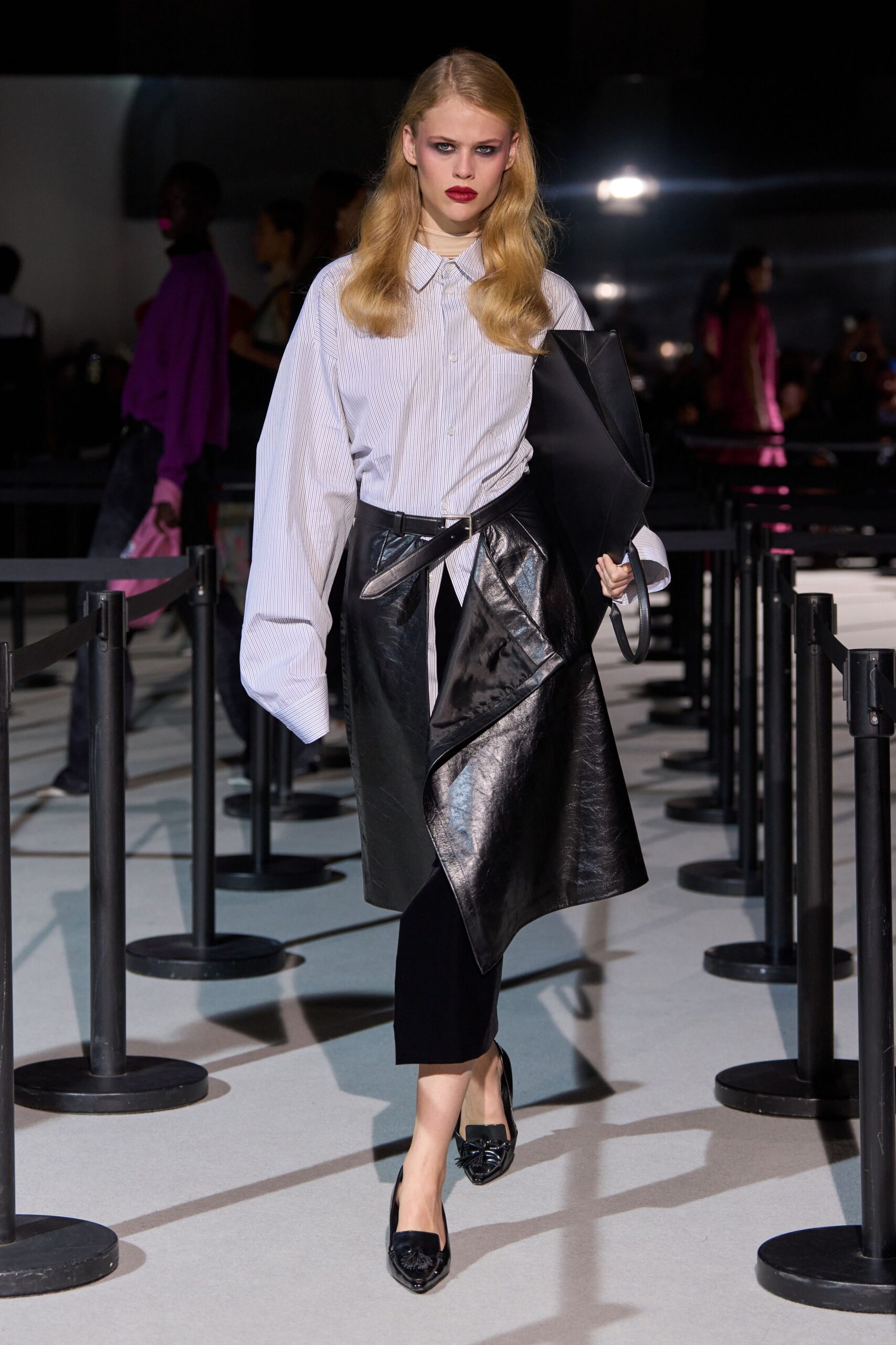 white blue striped shirt with black leather skirt