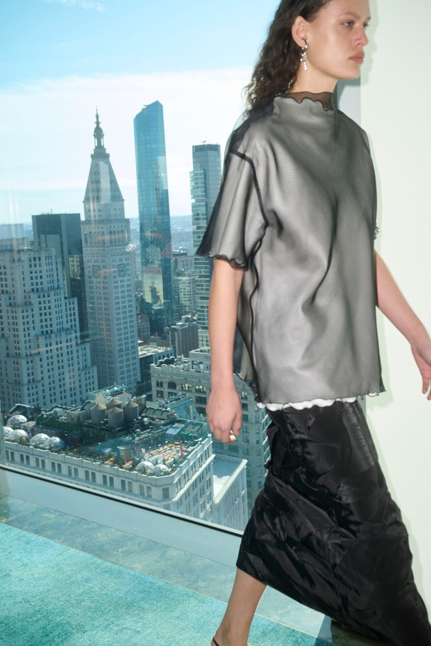gray silk short-sleeve high-neck relaxed ruffled sheer top