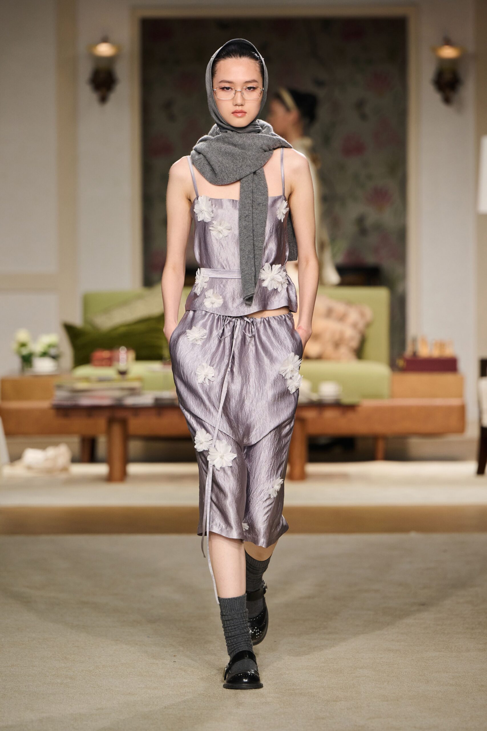 purple silk sleeveless v-neck fitted floral pleated dress