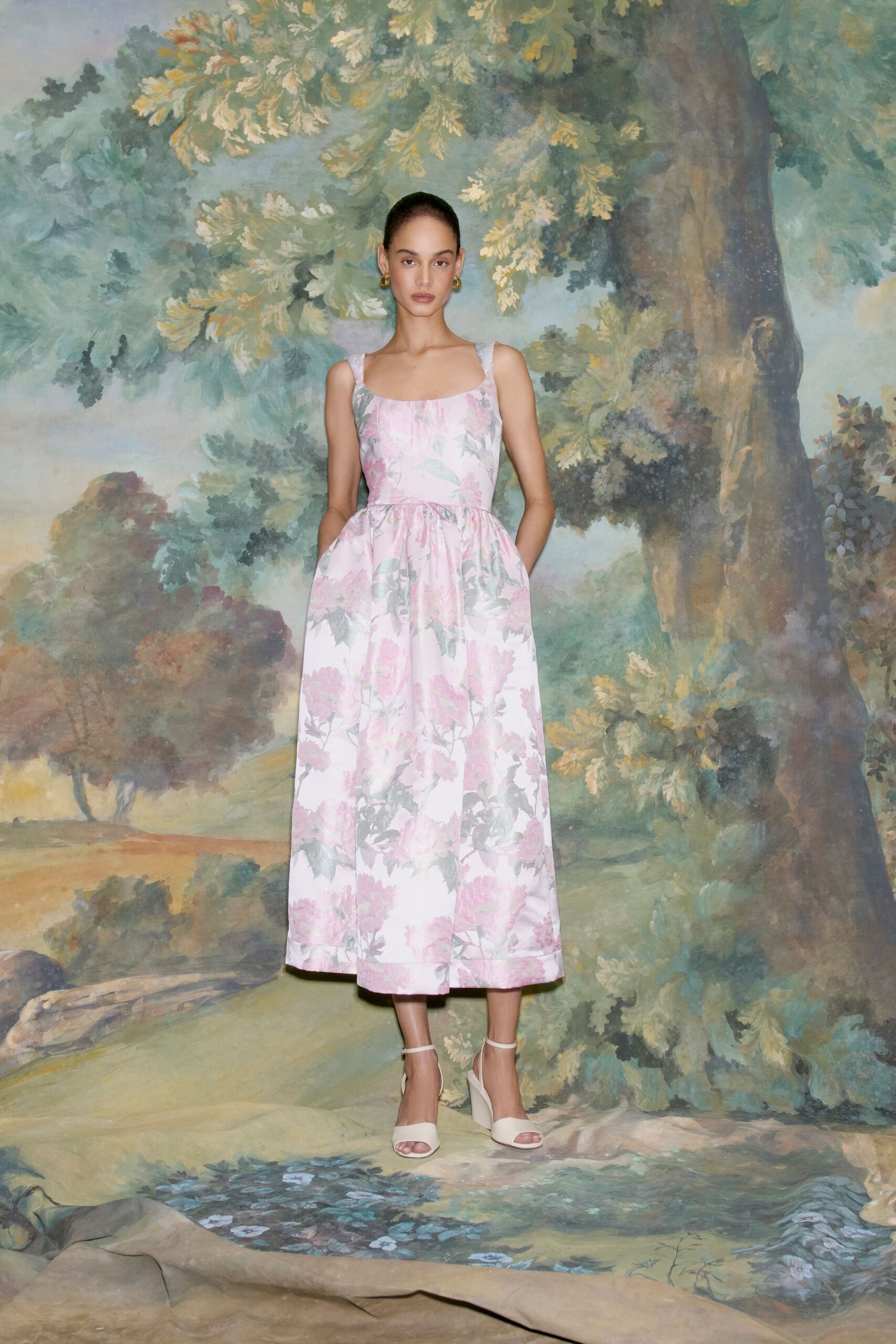 pink floral midi dress with beige shoes