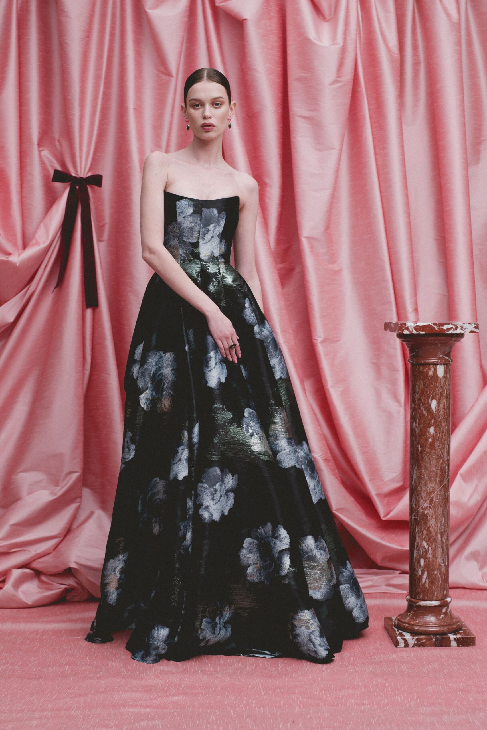 black floral strapless gown