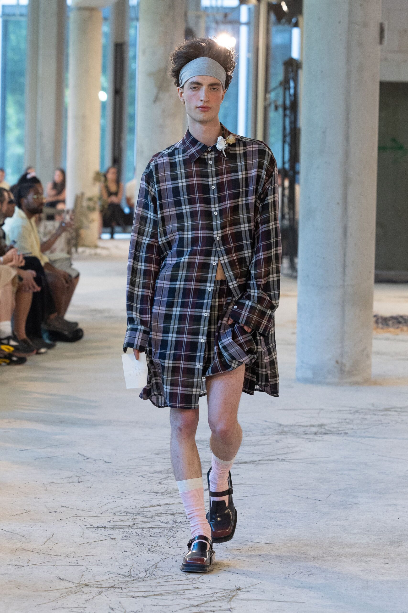 brown cotton long-sleeve collared relaxed checked mini shirt-dress
