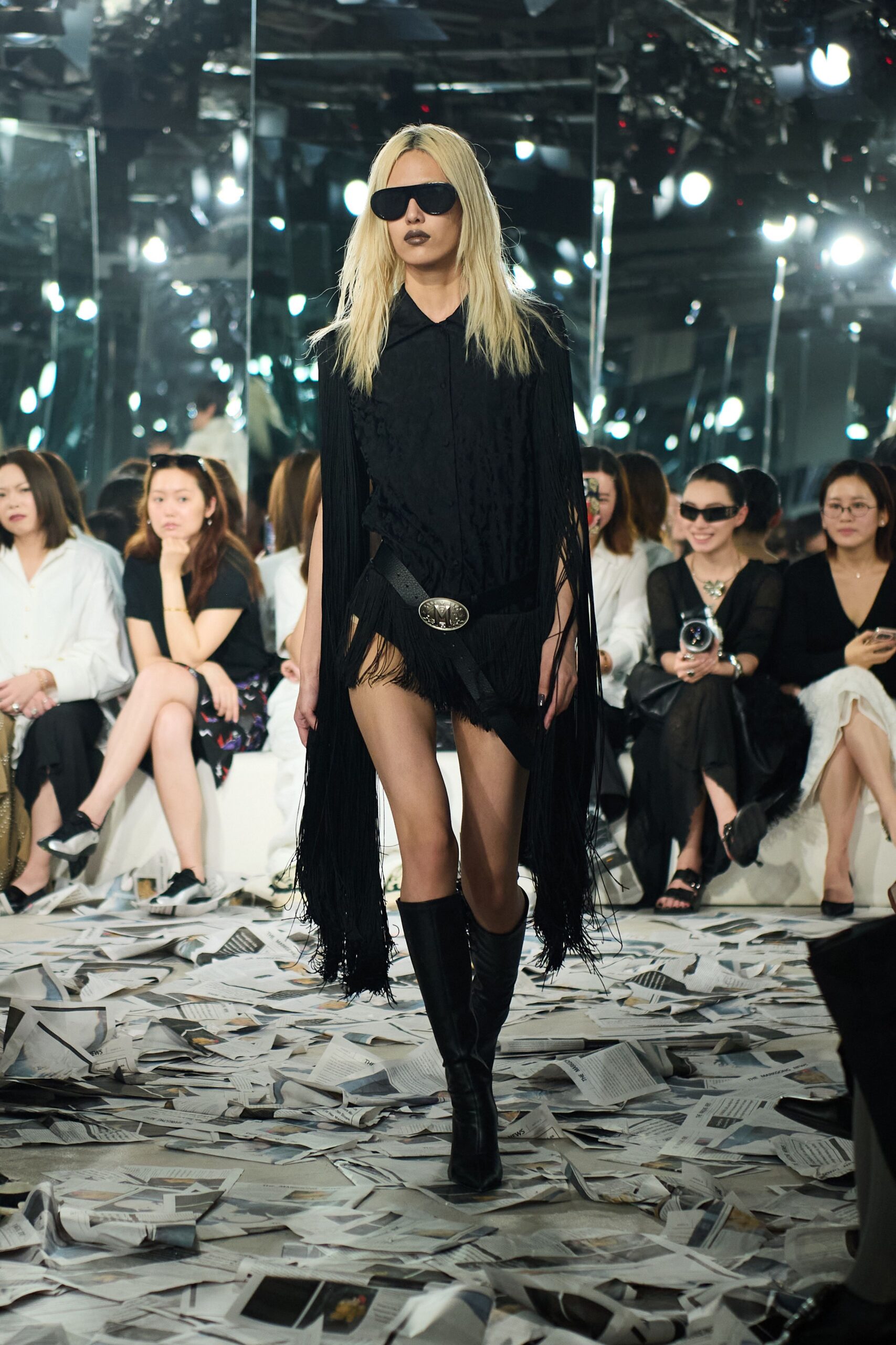 black cotton sleeveless high-neck relaxed fringed poncho