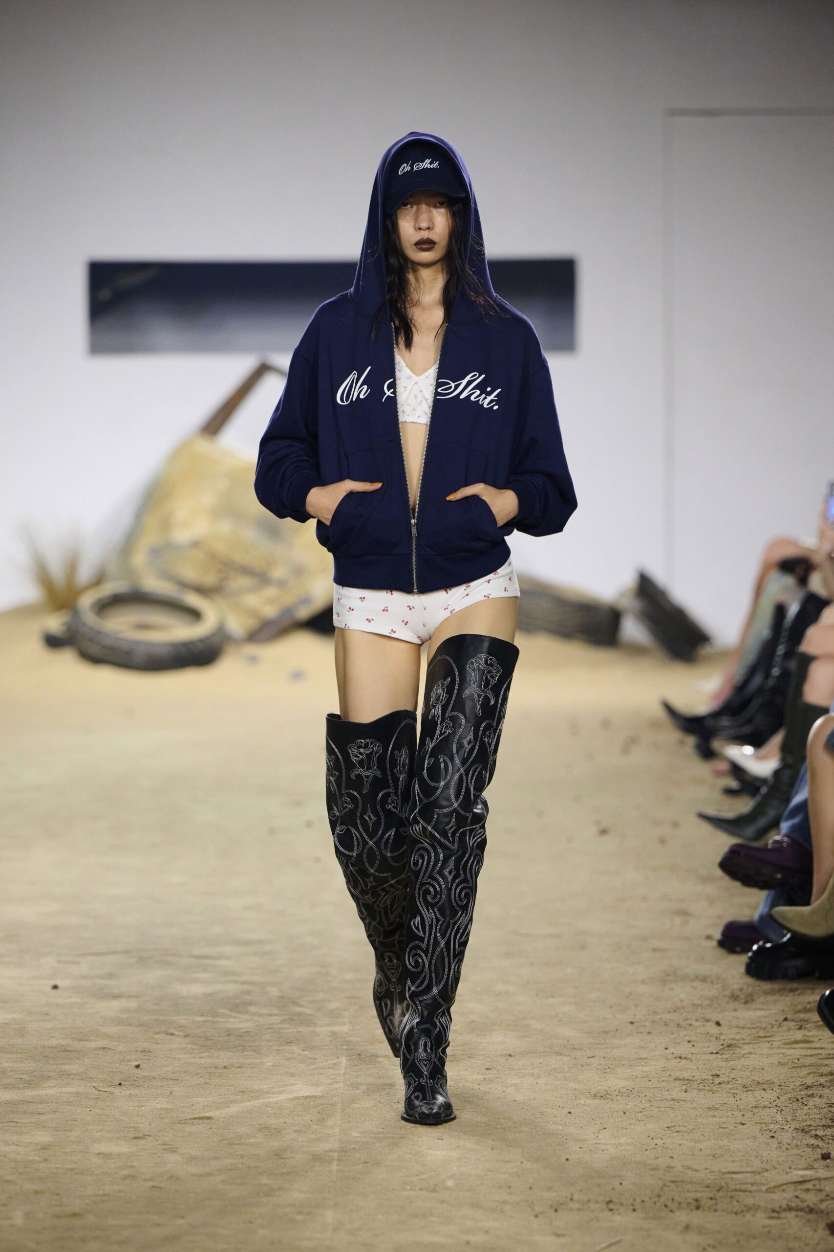 black leather fitted embroidered boots