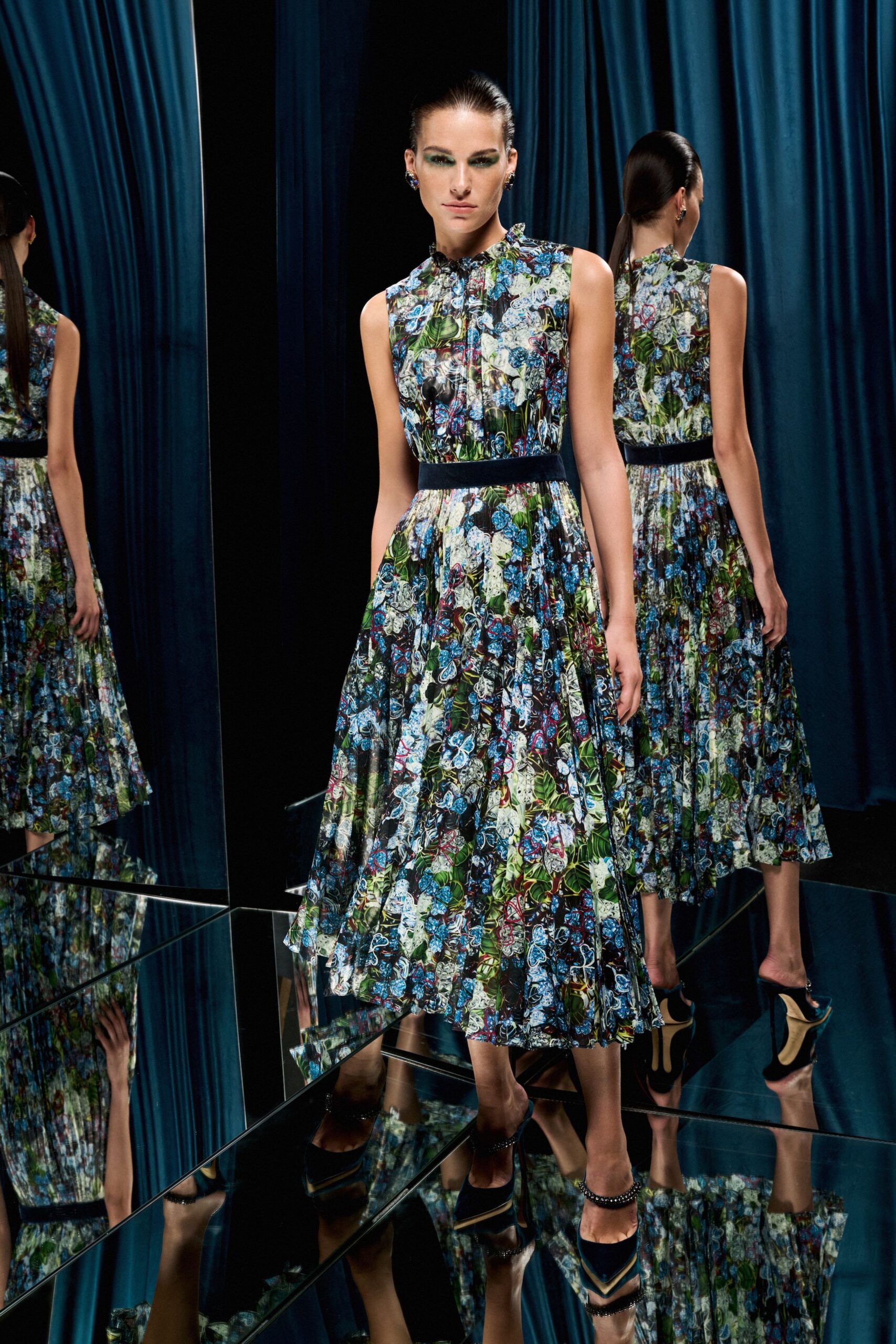 multi silk sleeveless collared fitted flared printed dress