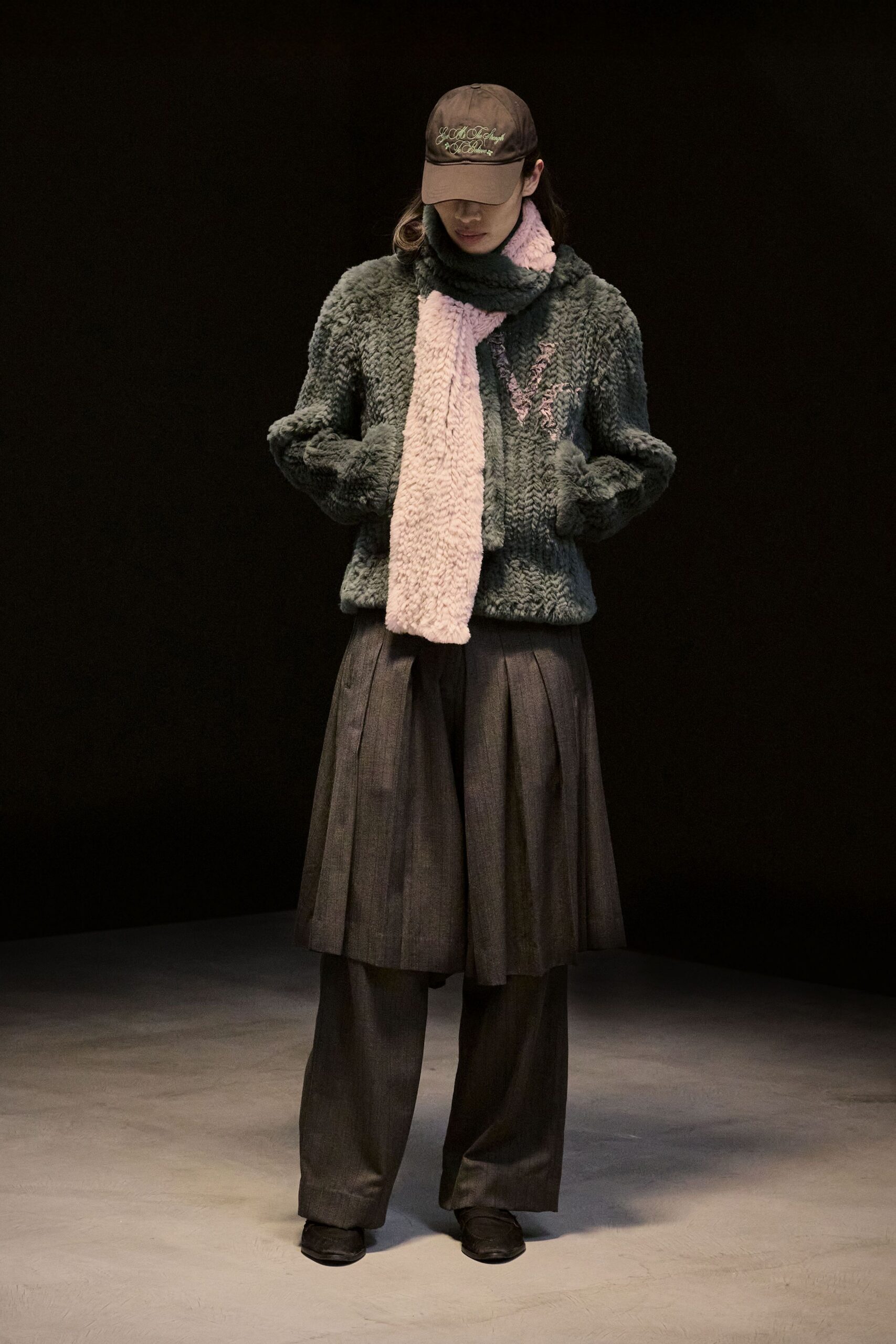 green wool long-sleeve collared relaxed textured sweater
