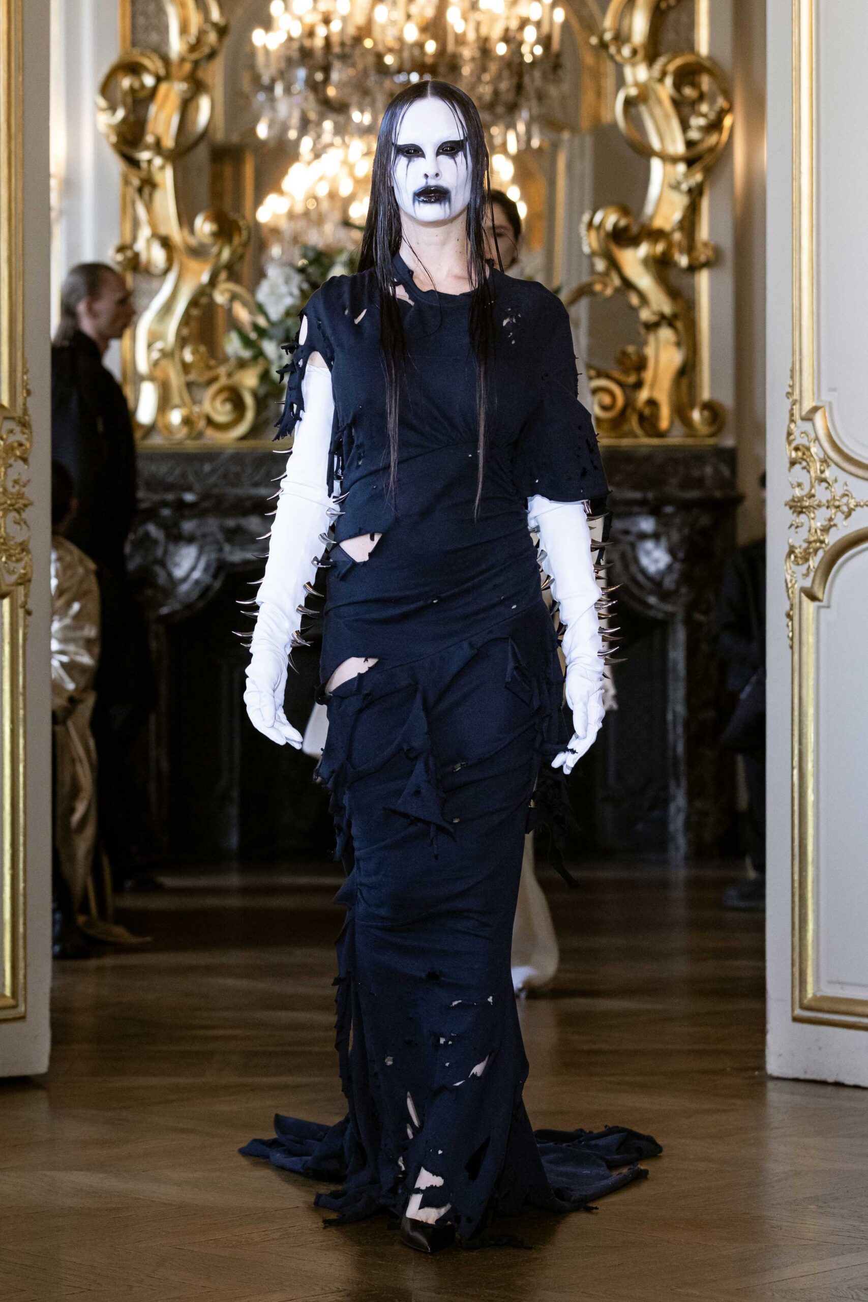 black cotton long-sleeve high-neck fitted distressed layered gown