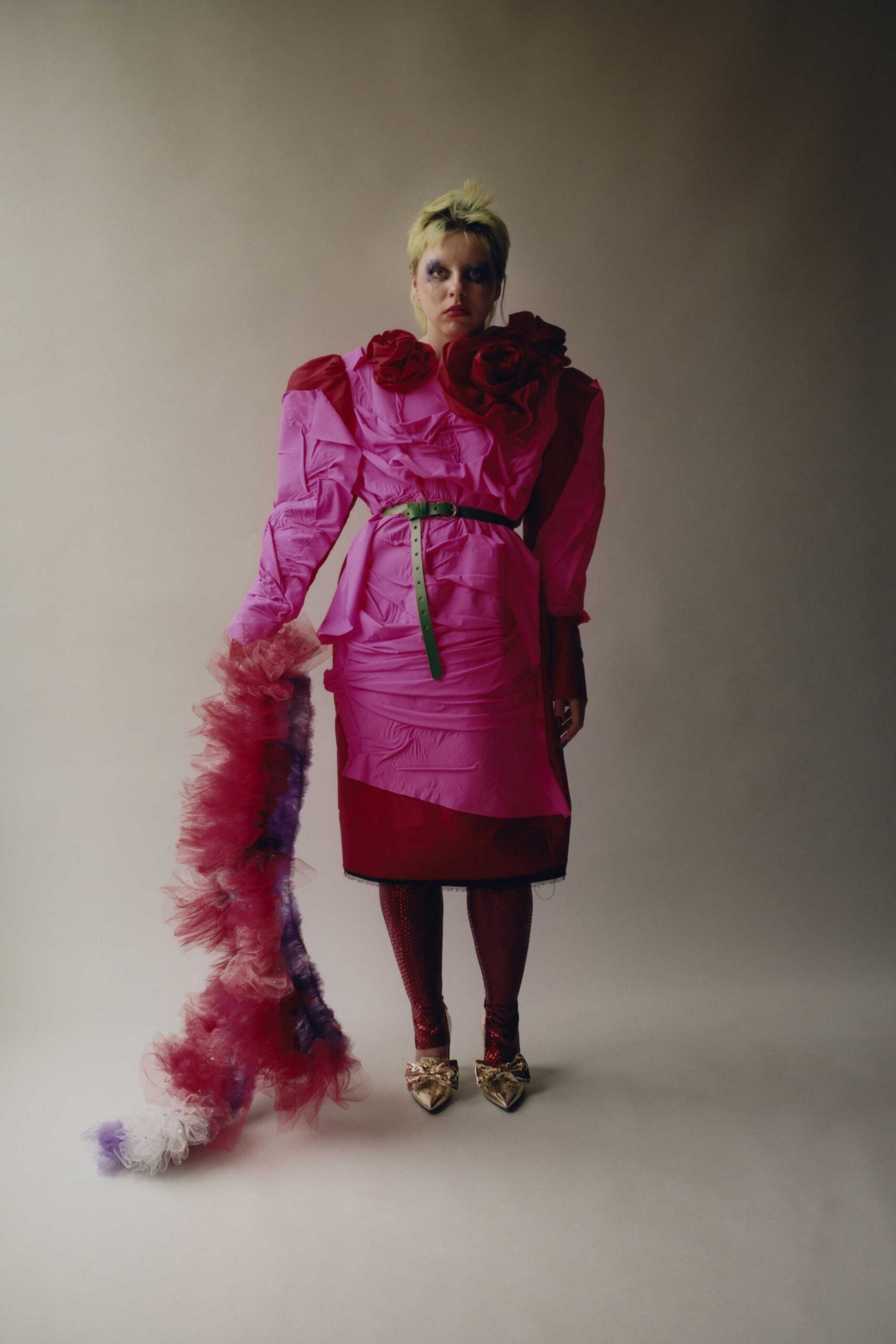 pink silk long-sleeve collared fitted ruffled layered dress