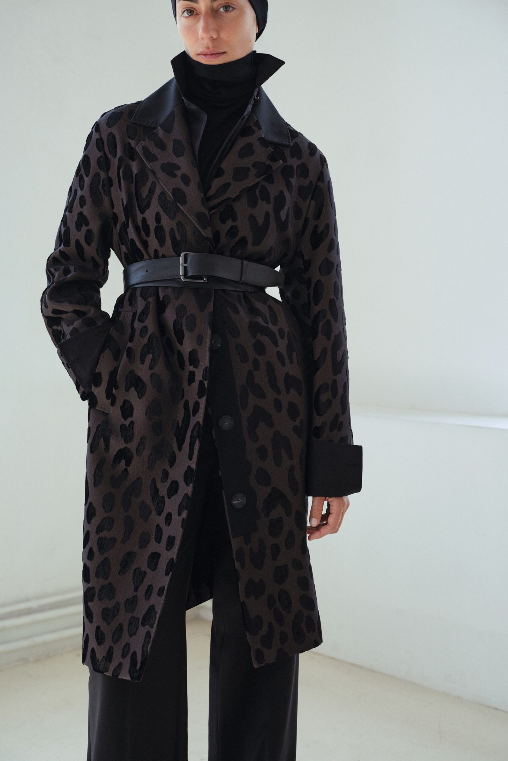 black brown animal-print coat with pants