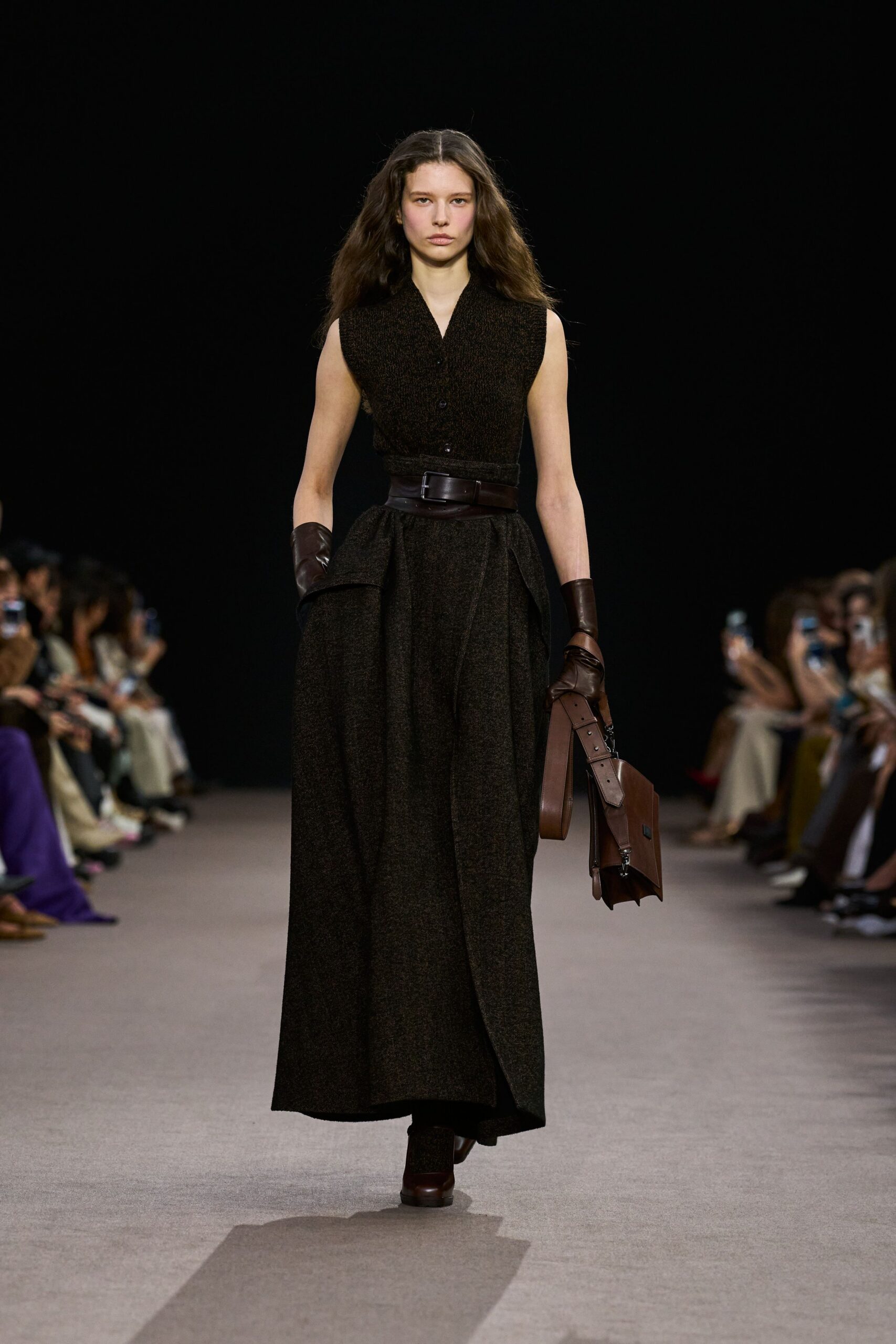 brown wool sleeveless collared fitted pleated belted dress