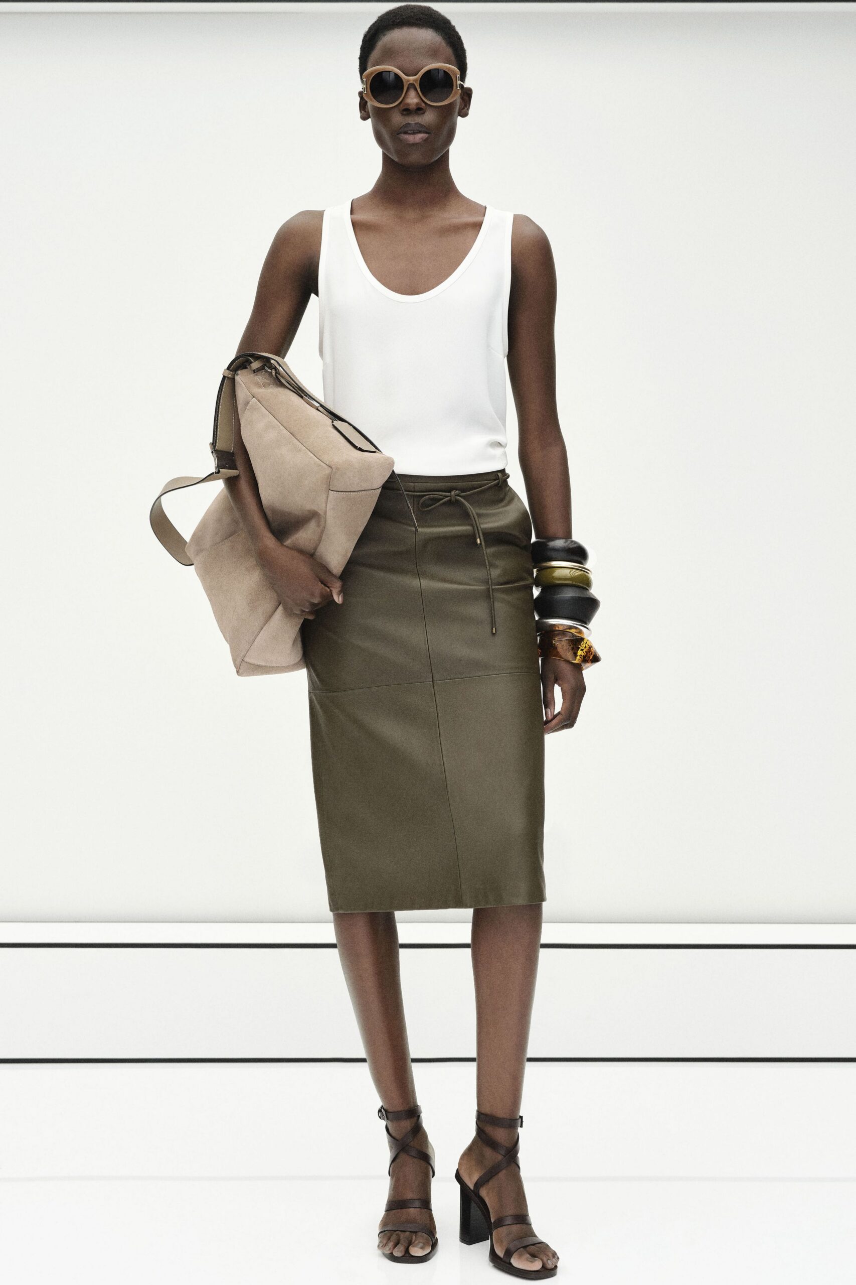green leather fitted pencil midi skirt