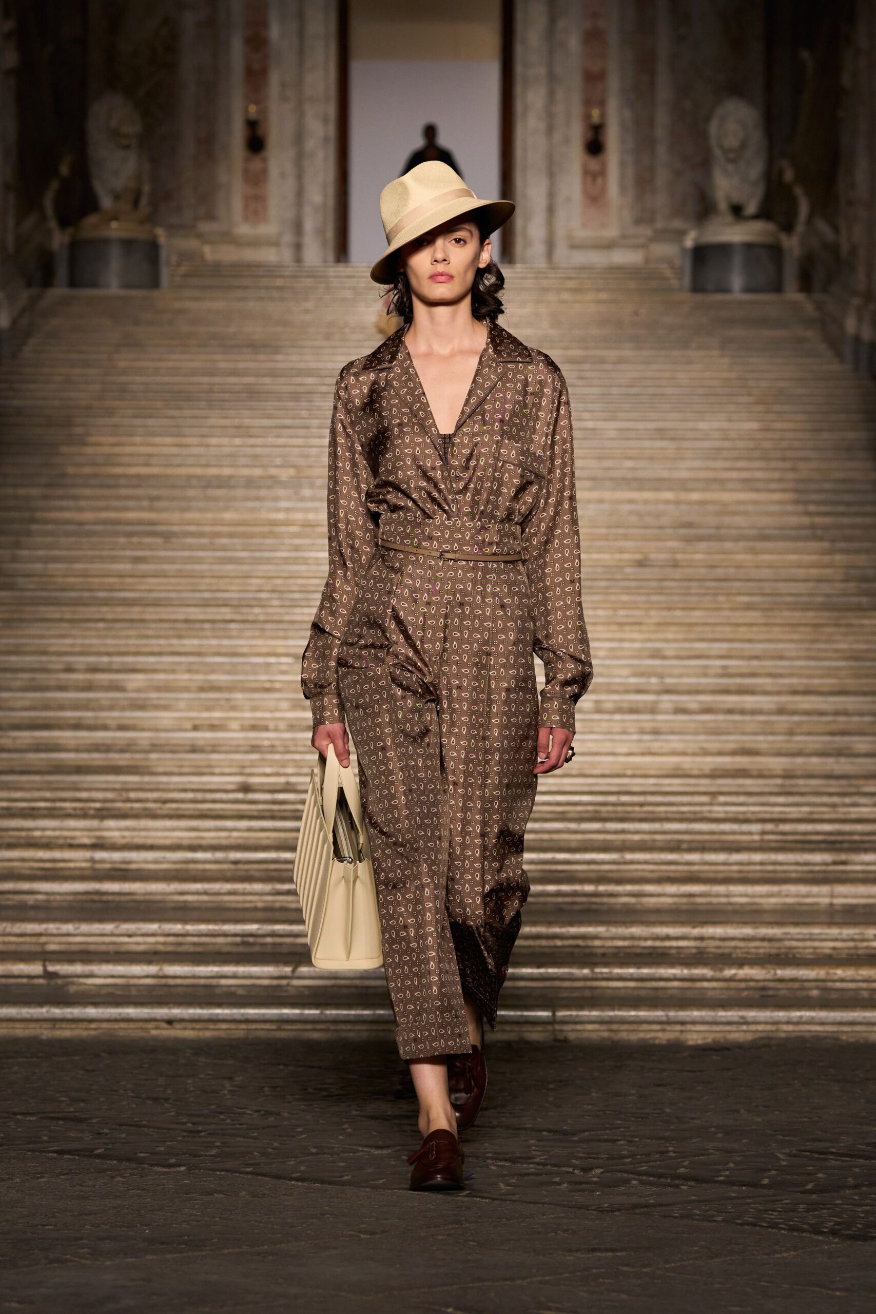 brown silk printed midi dress