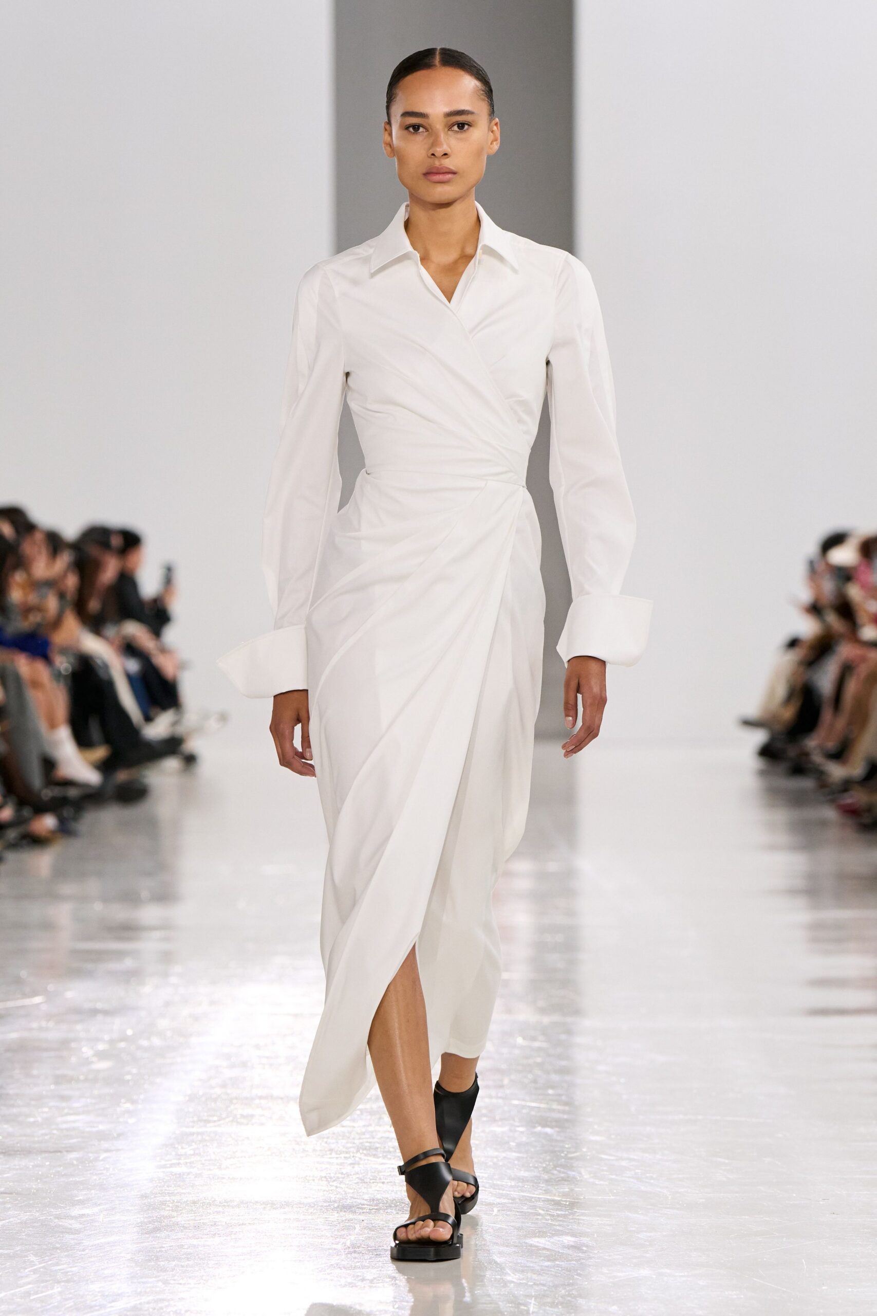 white cotton long-sleeve collared fitted pleated midi shirt-dress
