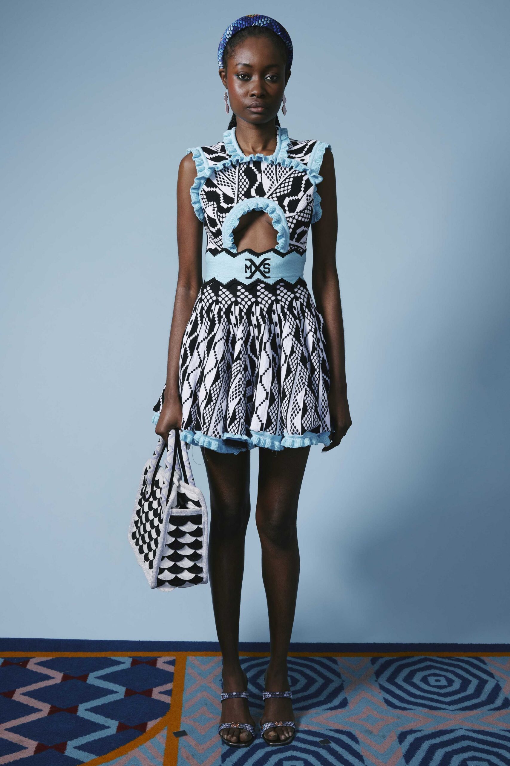 blue cotton sleeveless cutout fitted ruffled printed mini-dress
