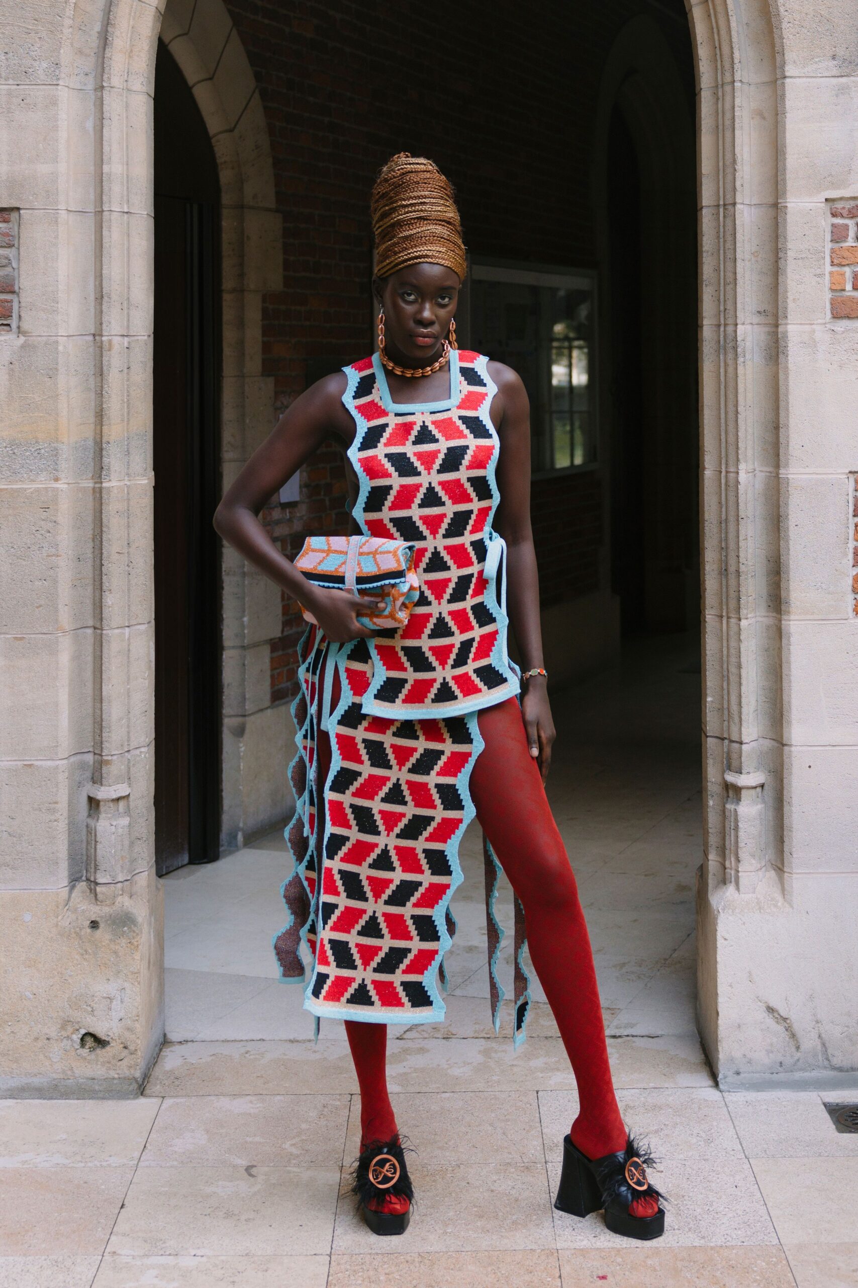 red cotton asymmetric fitted printed layered midi skirt