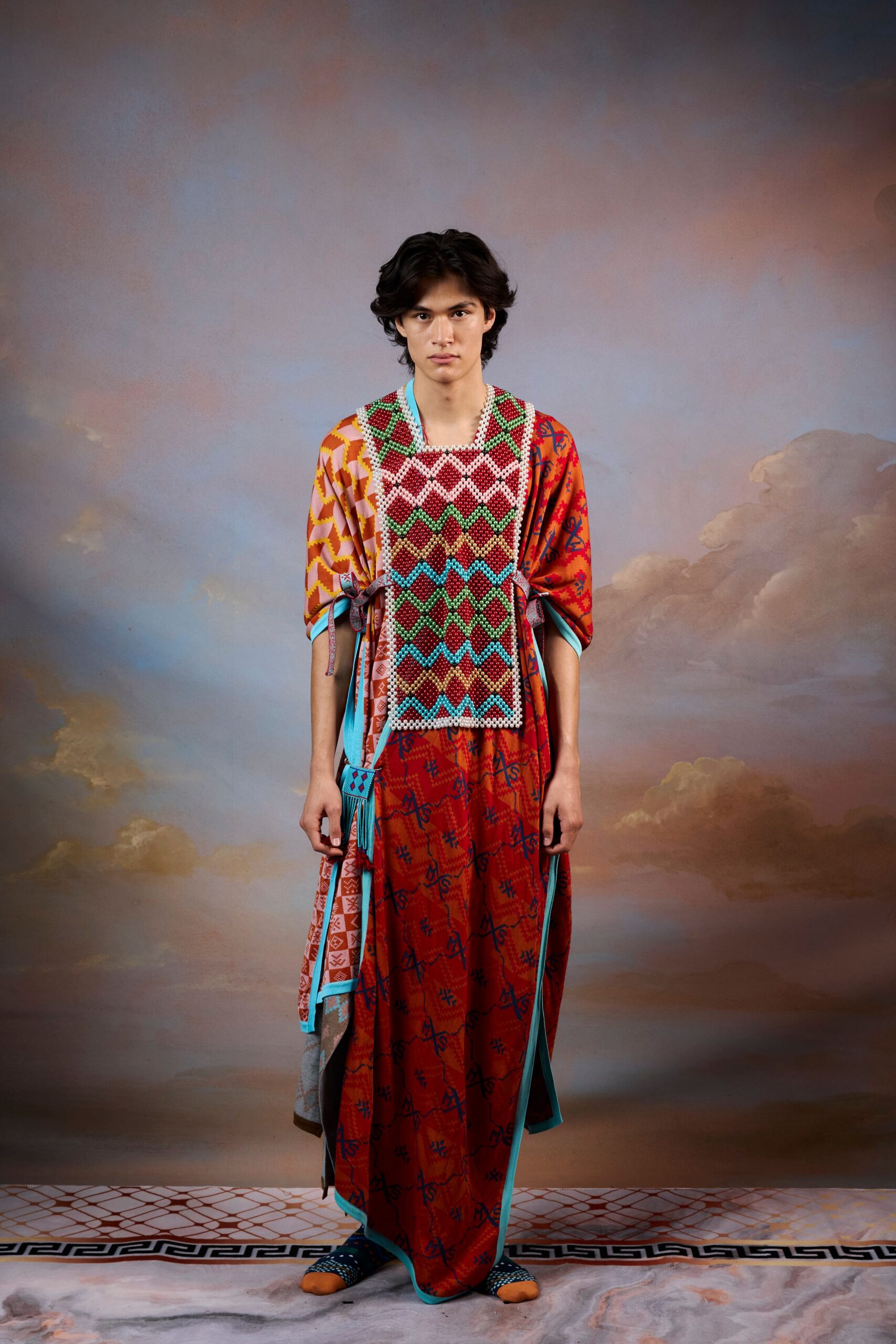 red cotton short-sleeve v-neck relaxed embroidered layered dress