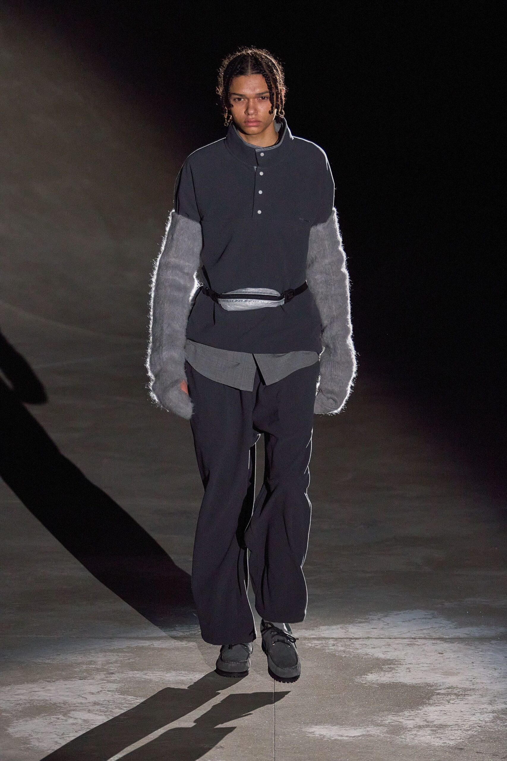 black shirt gray oversized sweater