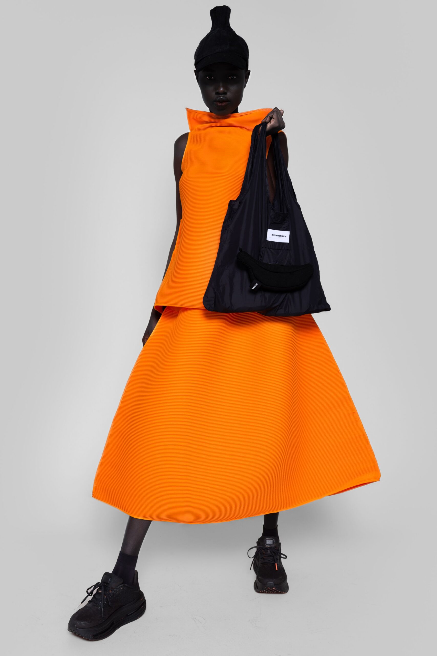 orange cotton sleeveless high-neck fitted structured top
