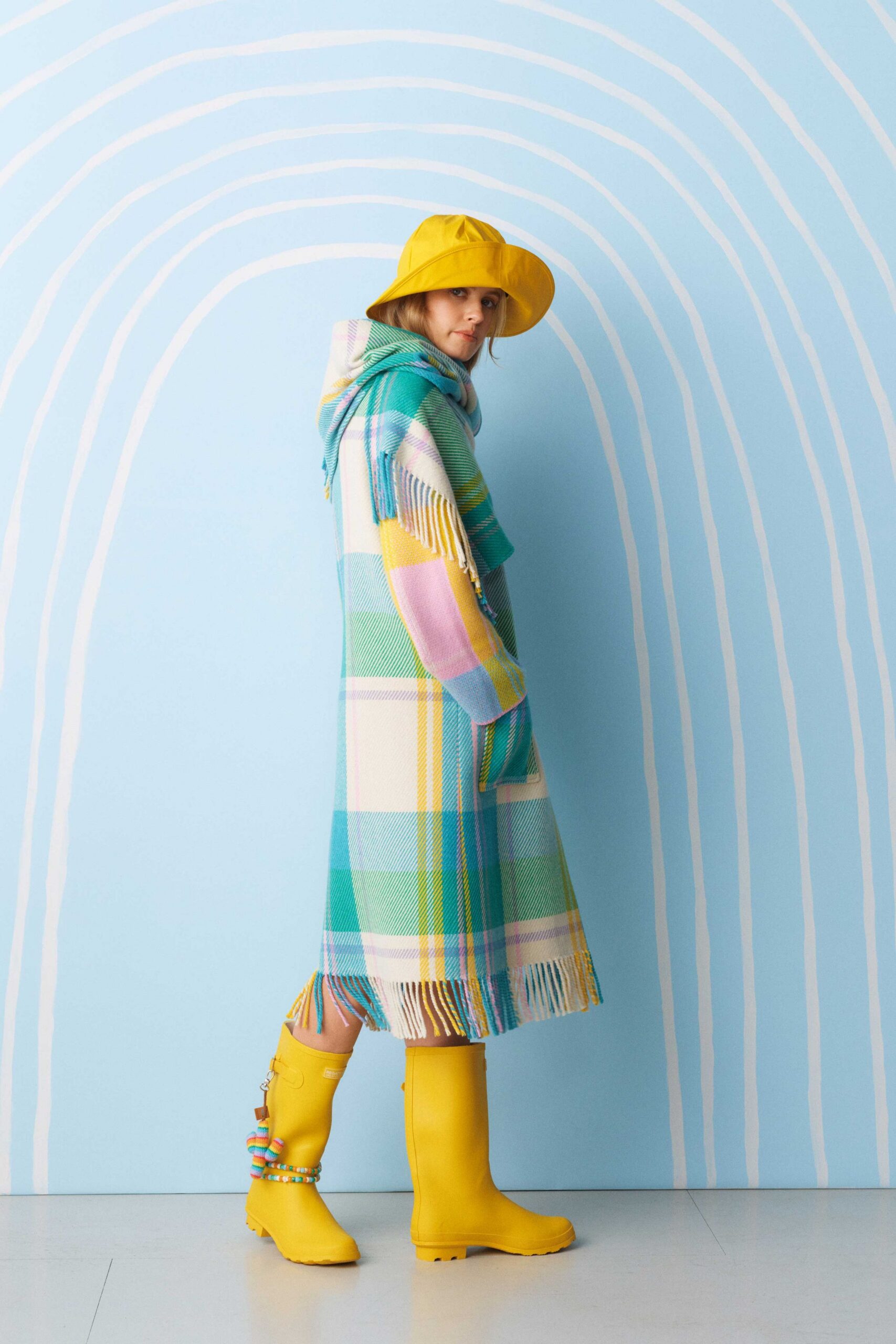 blue wool long-sleeve hooded relaxed checked fringed coat