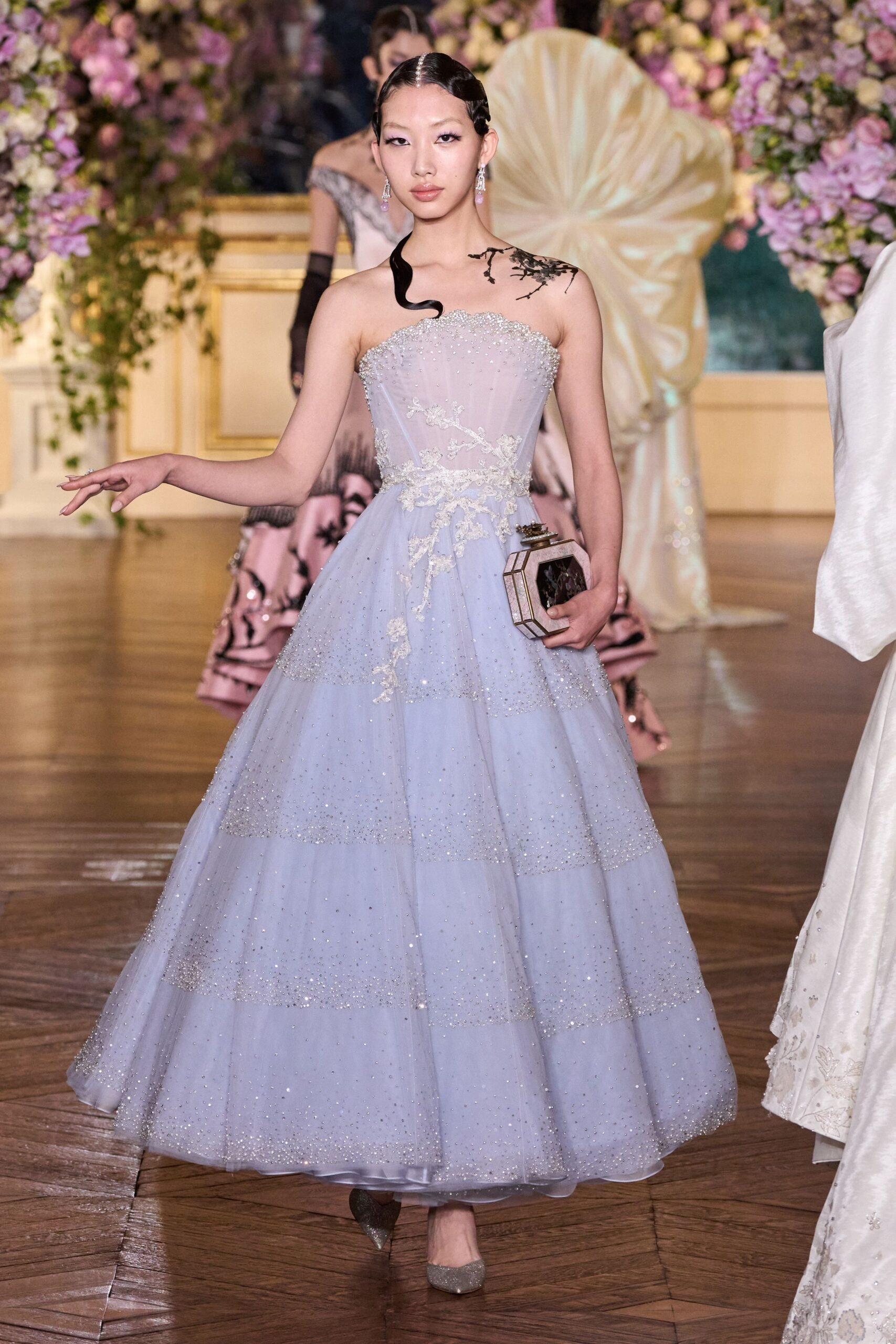 blue silk strapless fitted pleated embroidered flowing gown