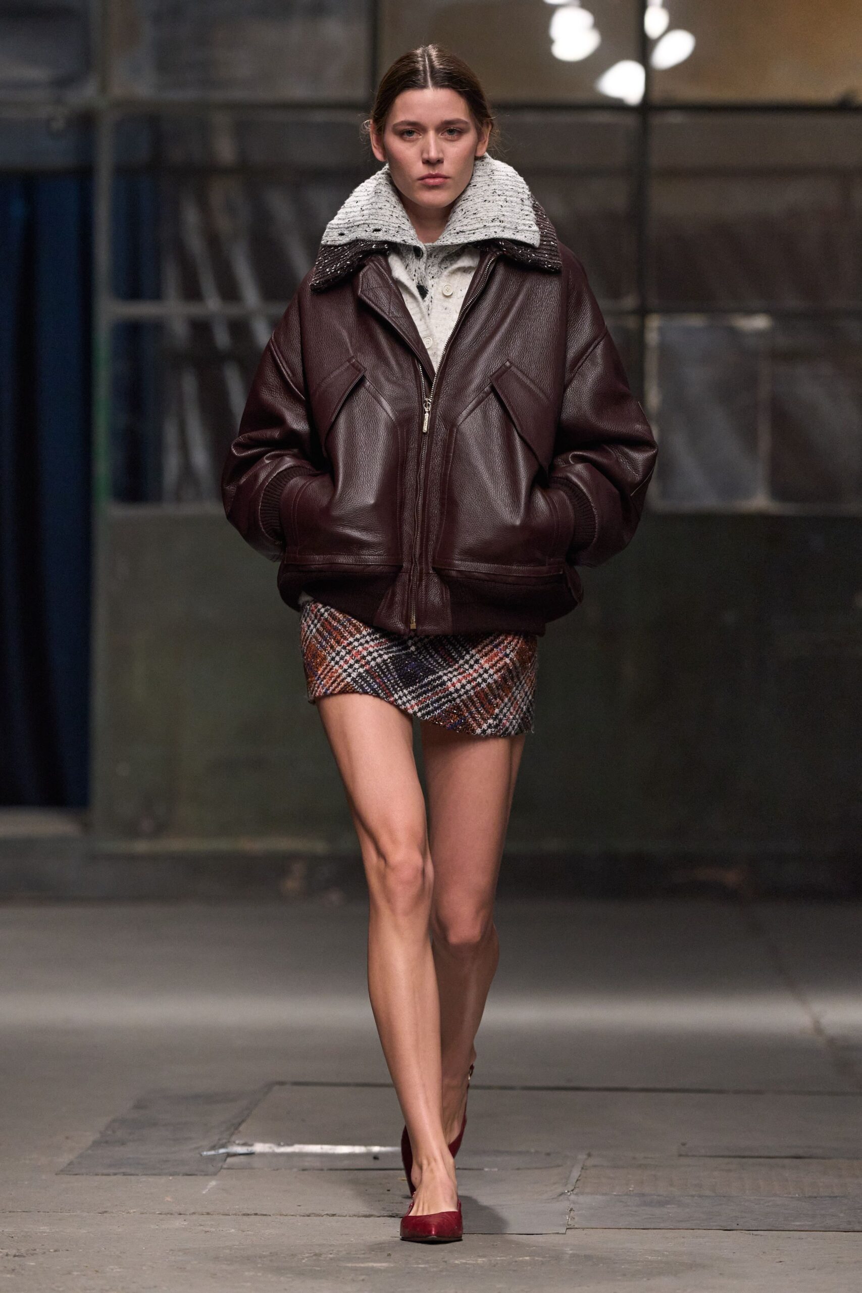 brown leather jacket with mini skirt
