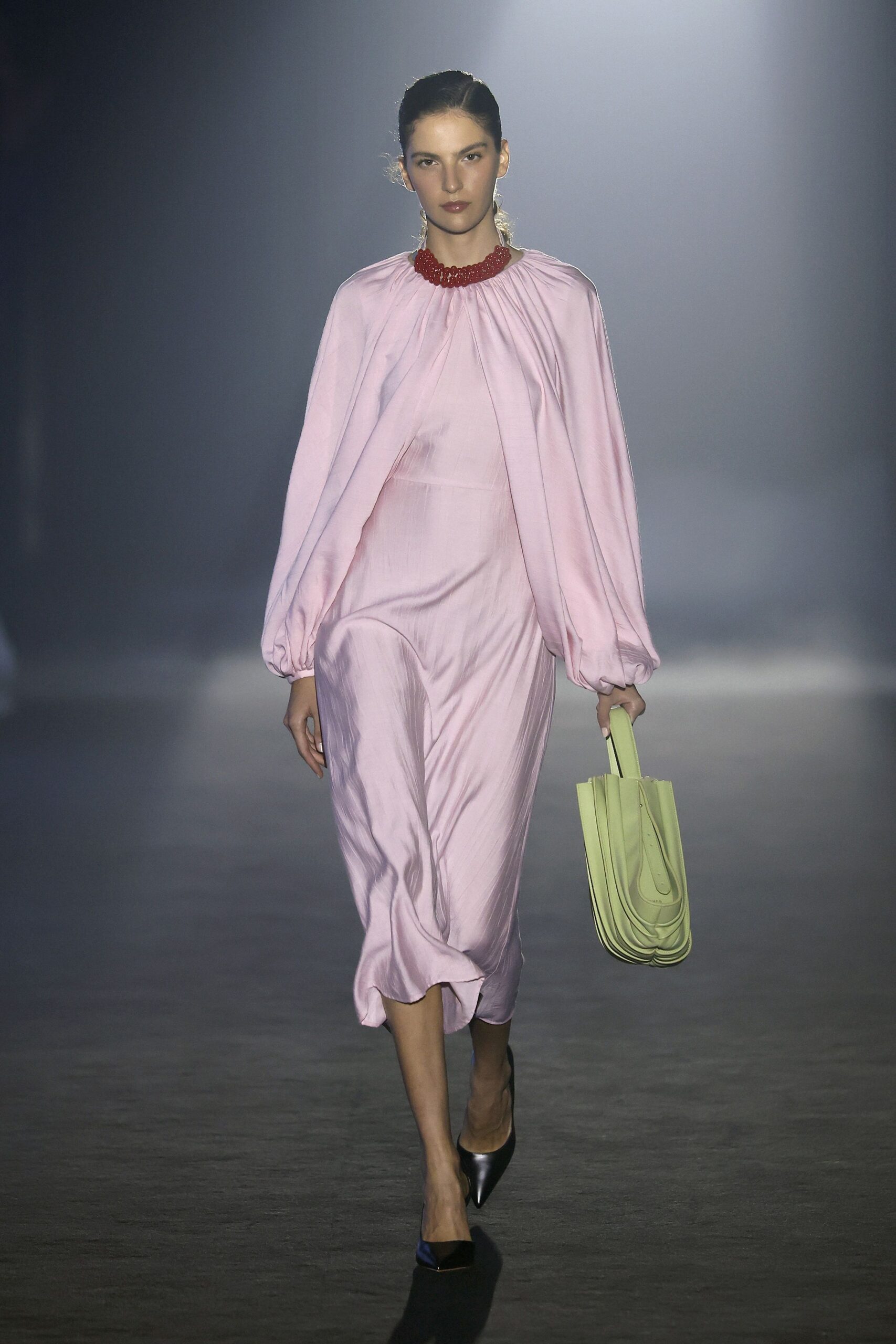 pink silk long-sleeve high-neck relaxed pleated flowing dress