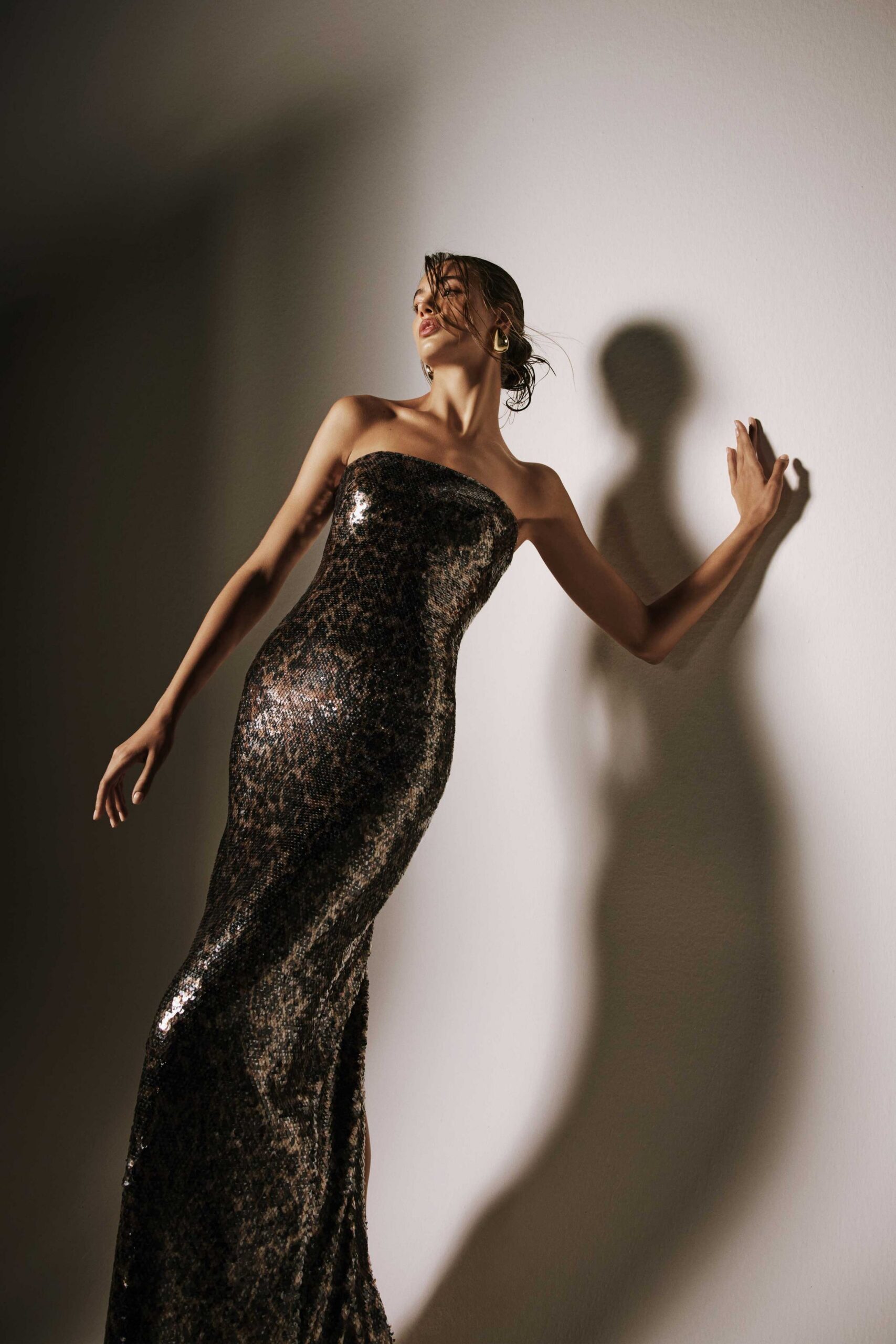 black gold sequin strapless gown