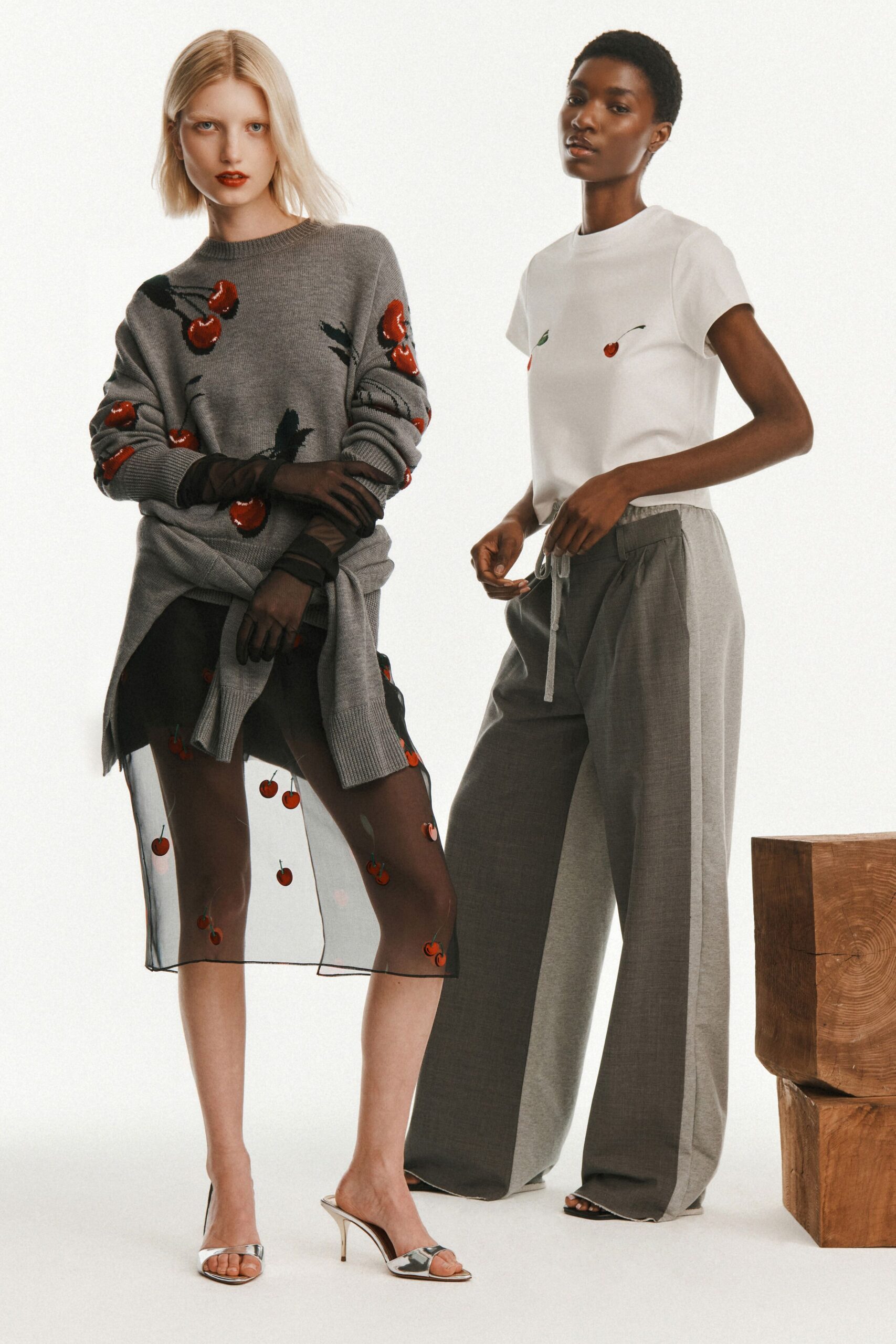 gray embroidered sweater with sheer skirt