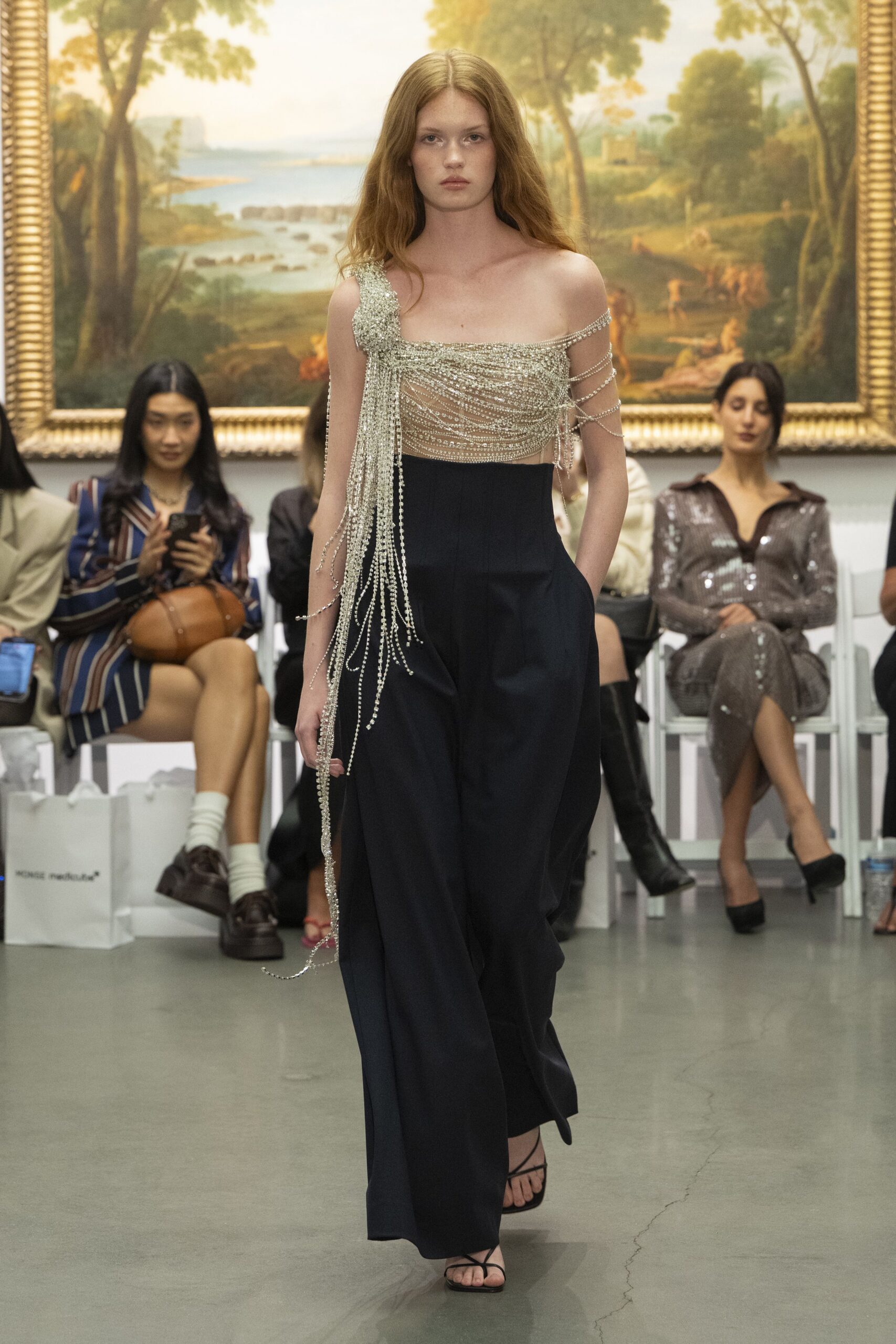 beige silk sleeveless off-shoulder fitted embellished top