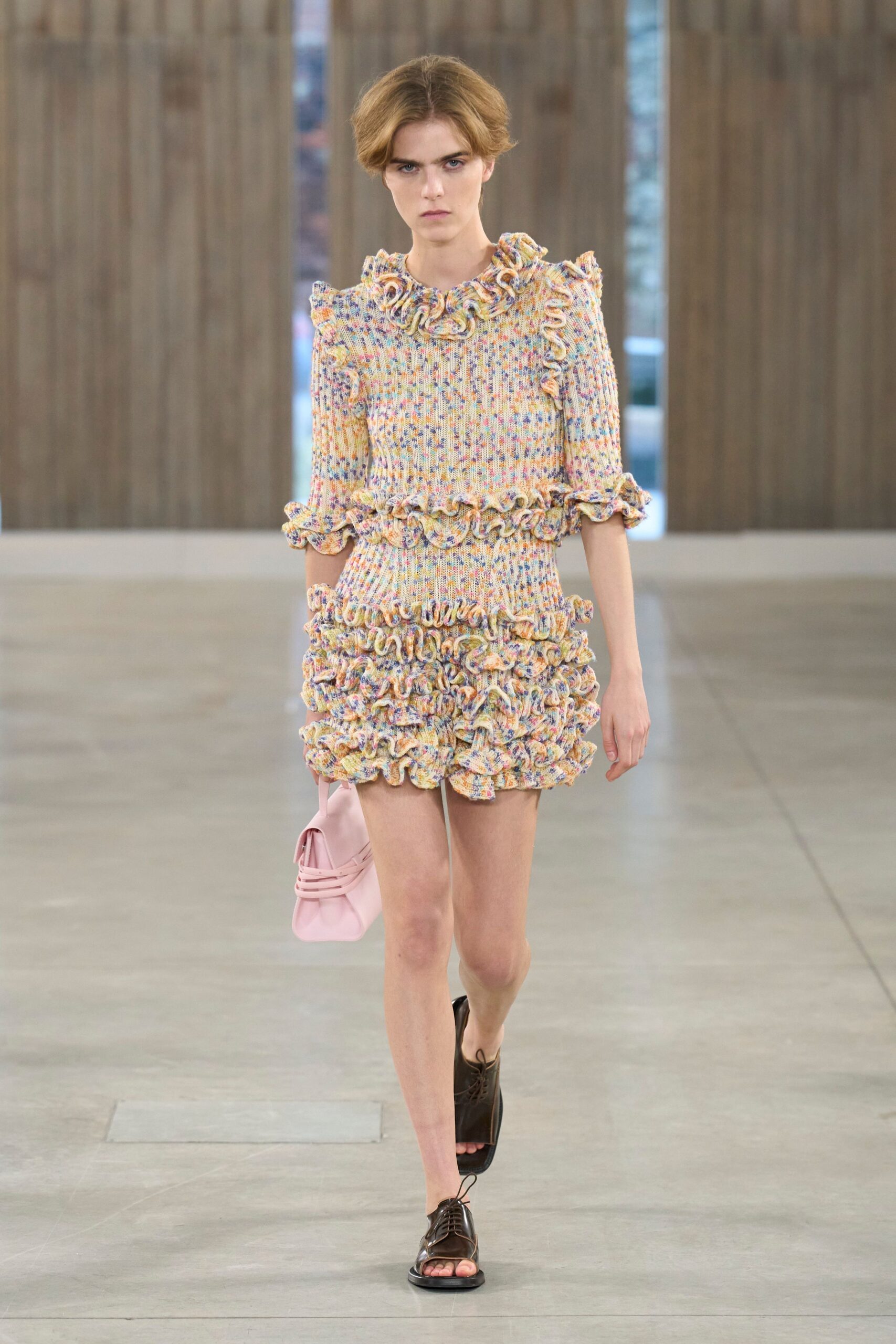 multi cotton short-sleeve high-neck fitted ruffled pleated dress