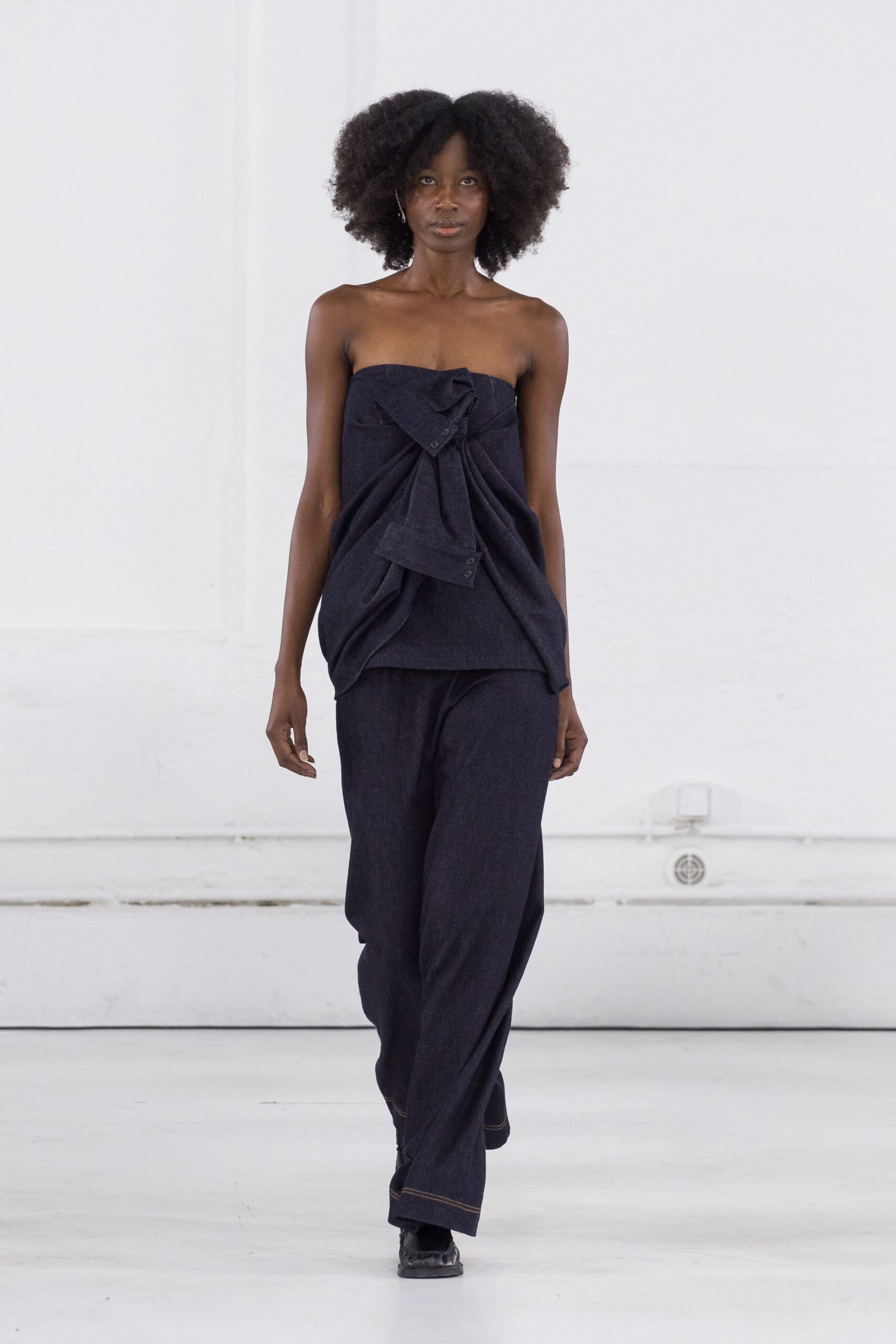 blue denim strapless fitted draped top