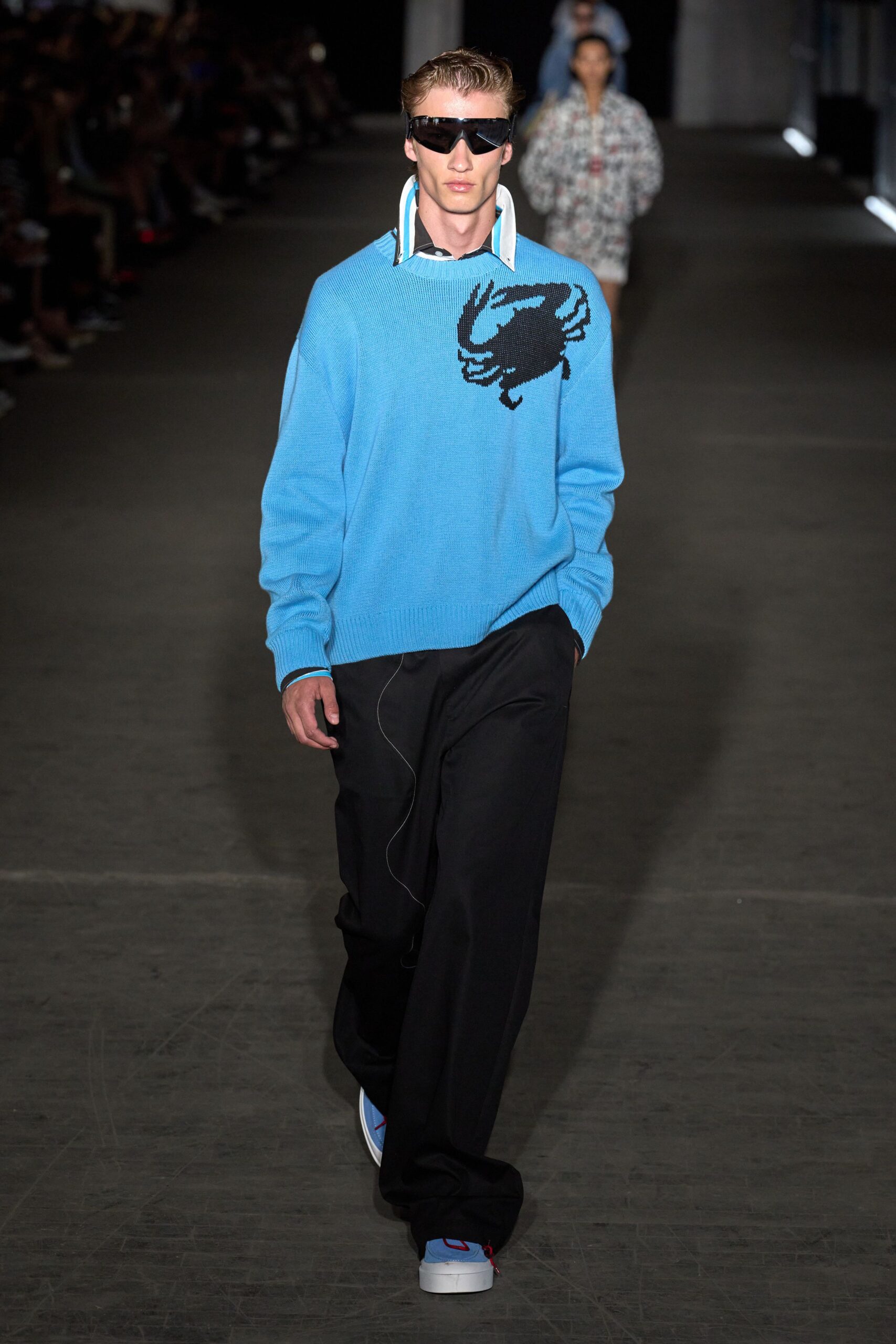 blue wool long-sleeve collared relaxed embroidered sweater