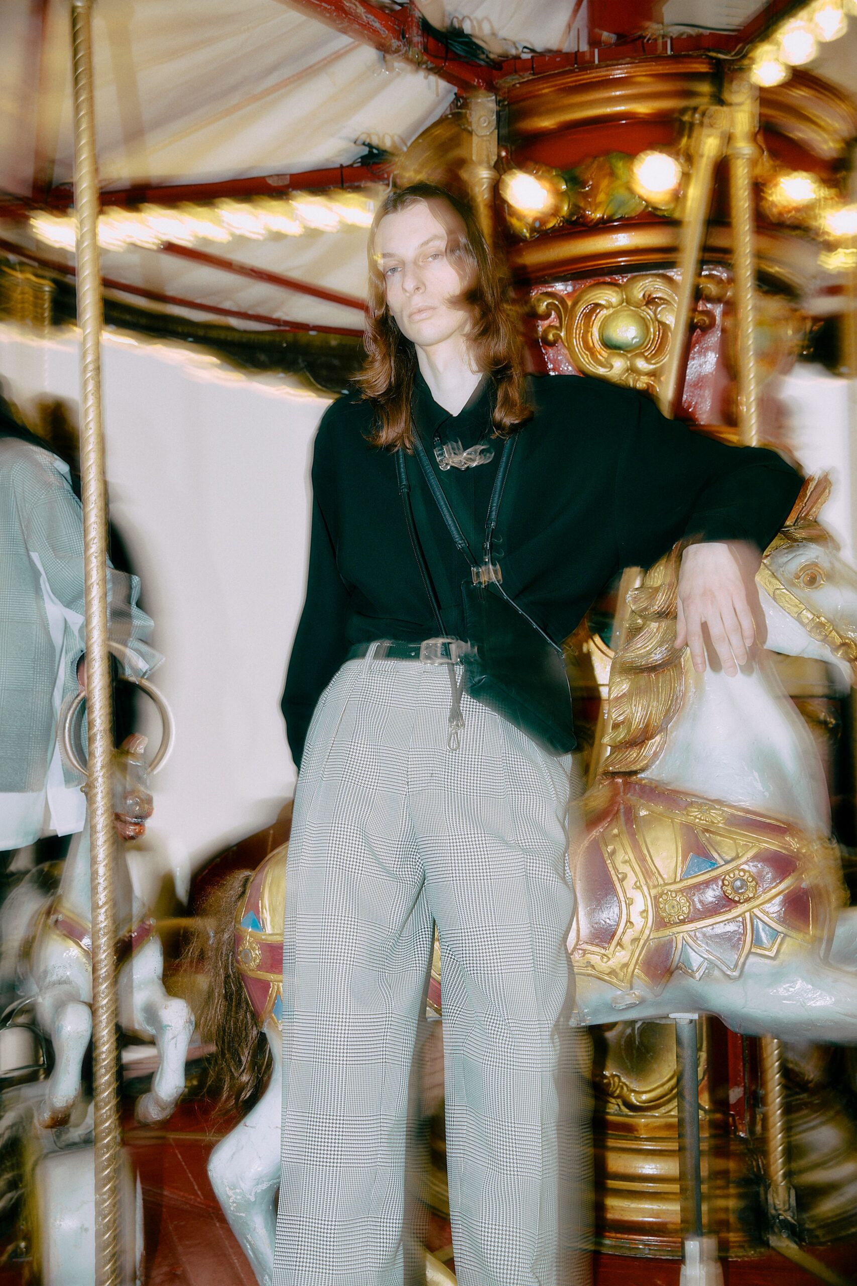 black relaxed shirt gray checked pants