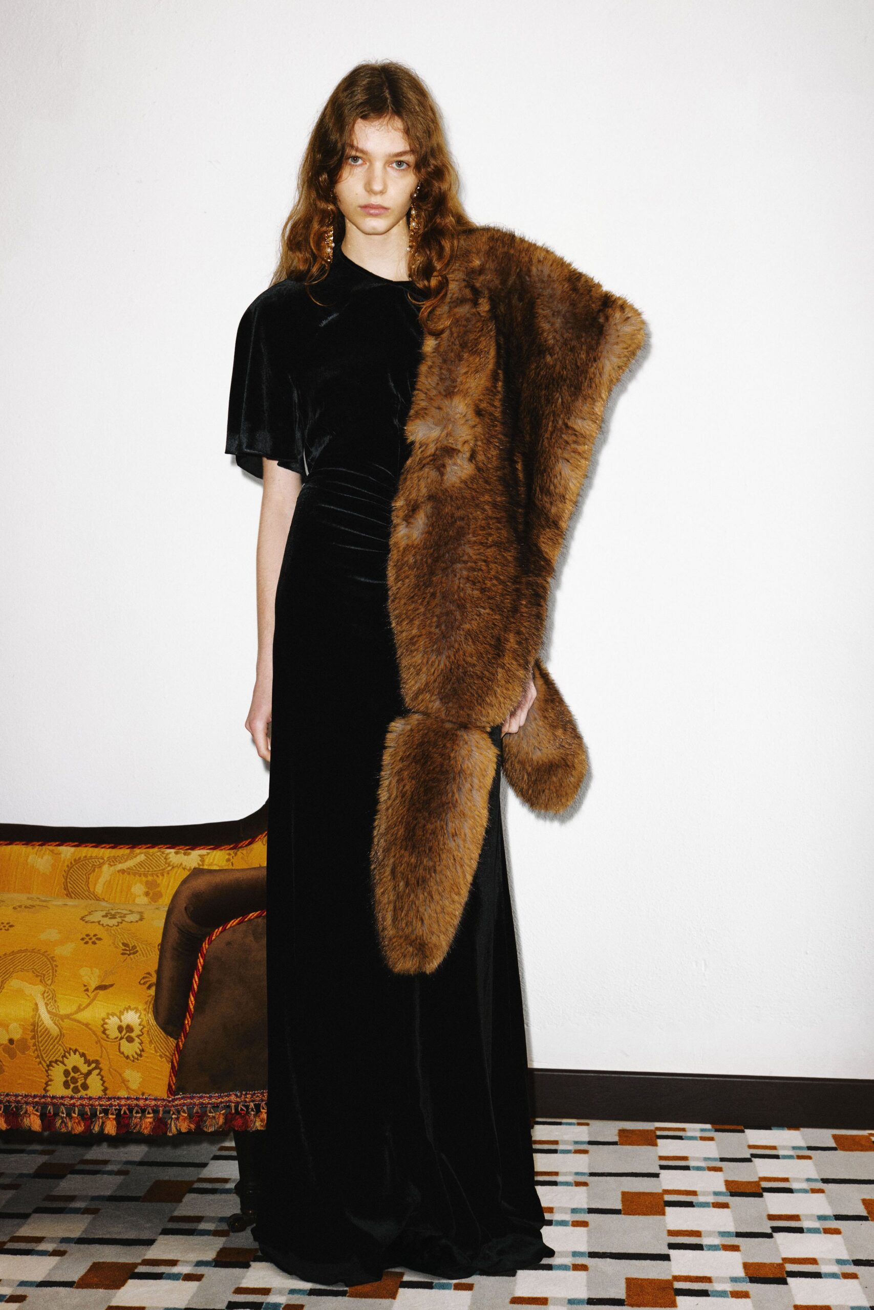 black velvet fitted gown with fur cape