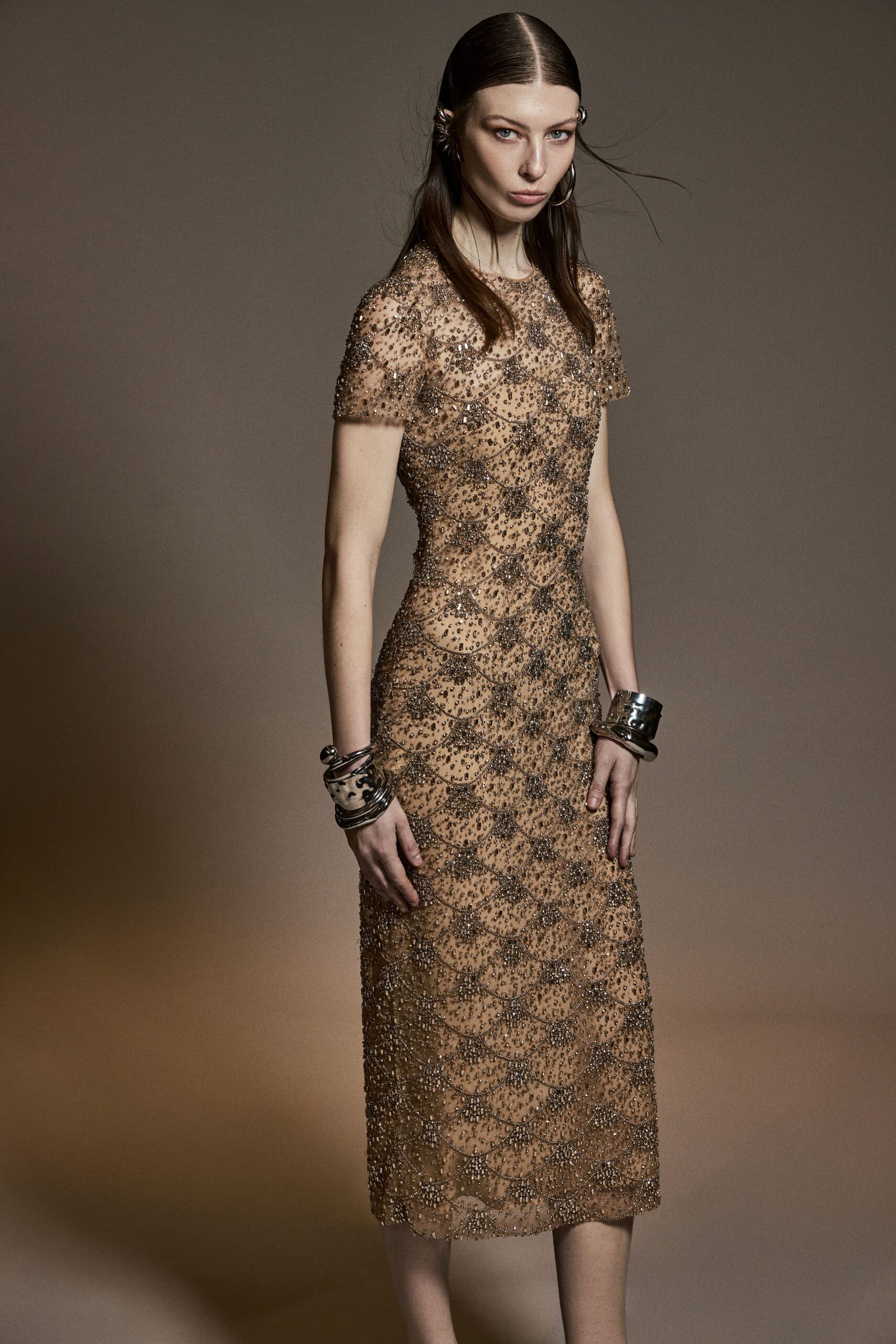 beige lace embroidered dress