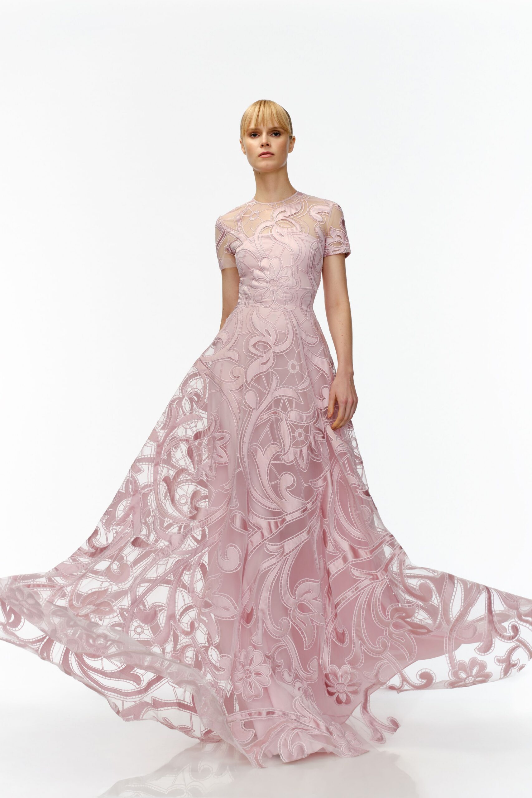 pink embroidered lace gown