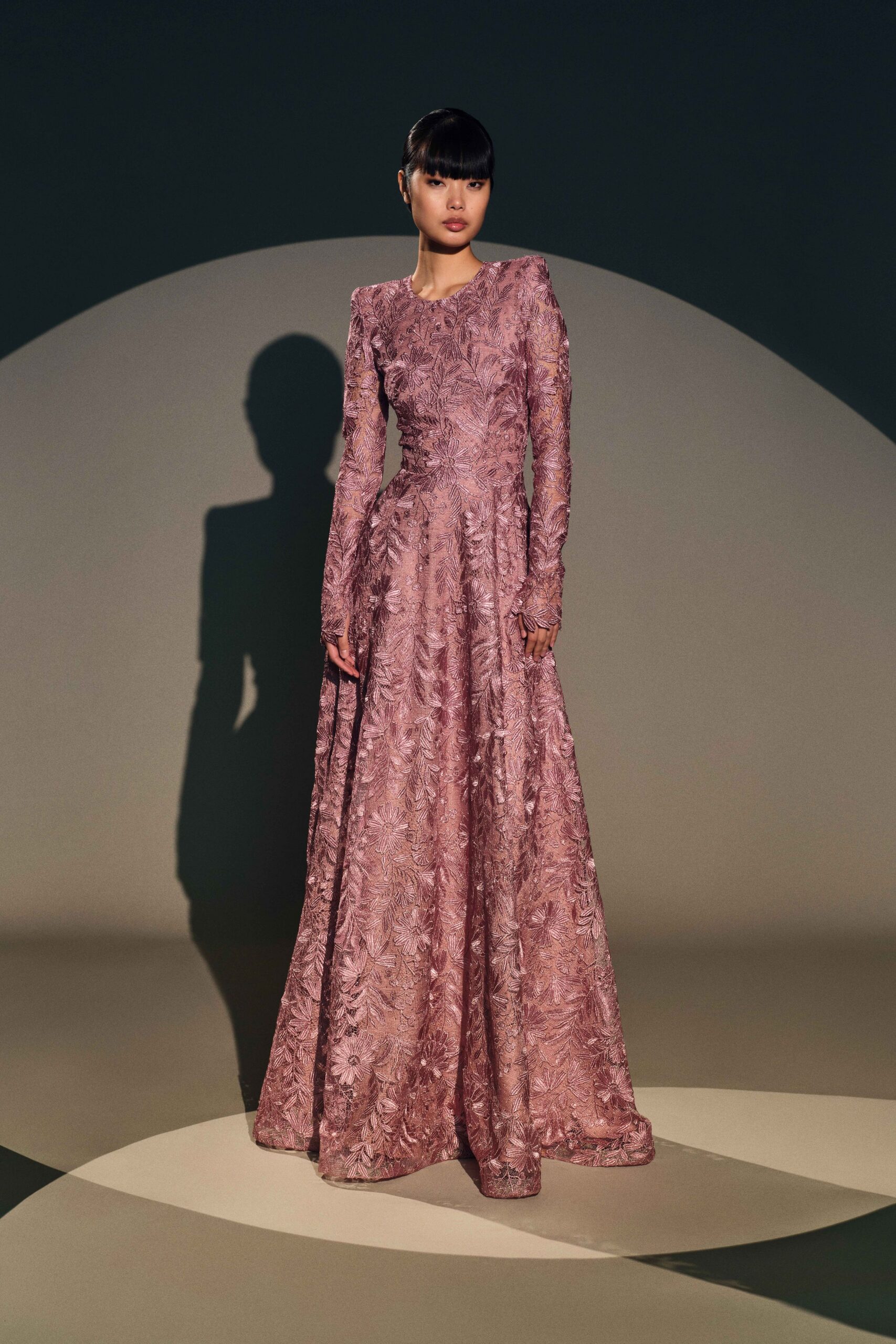 pink lace long-sleeve gown