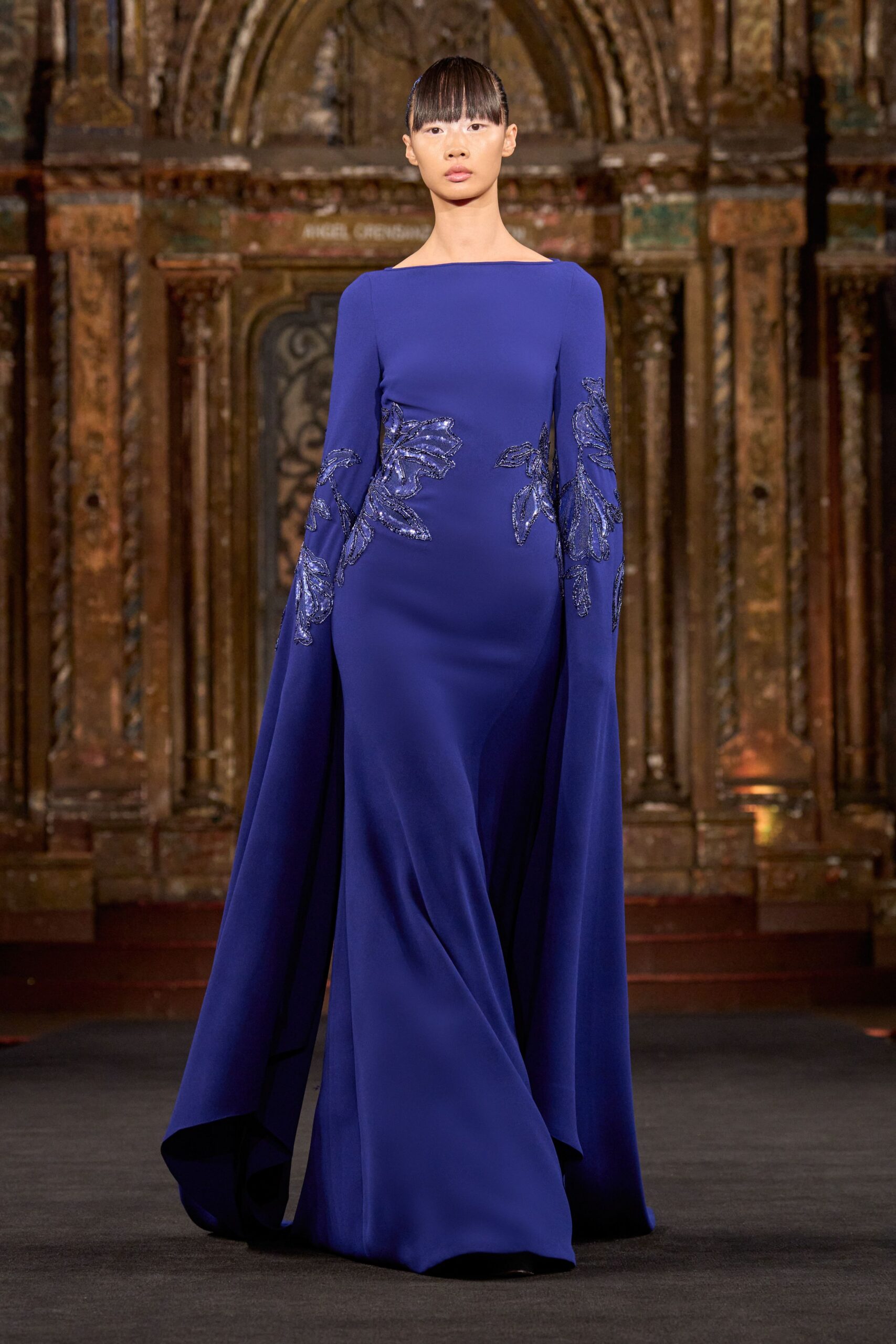 blue silk off-shoulder gown
