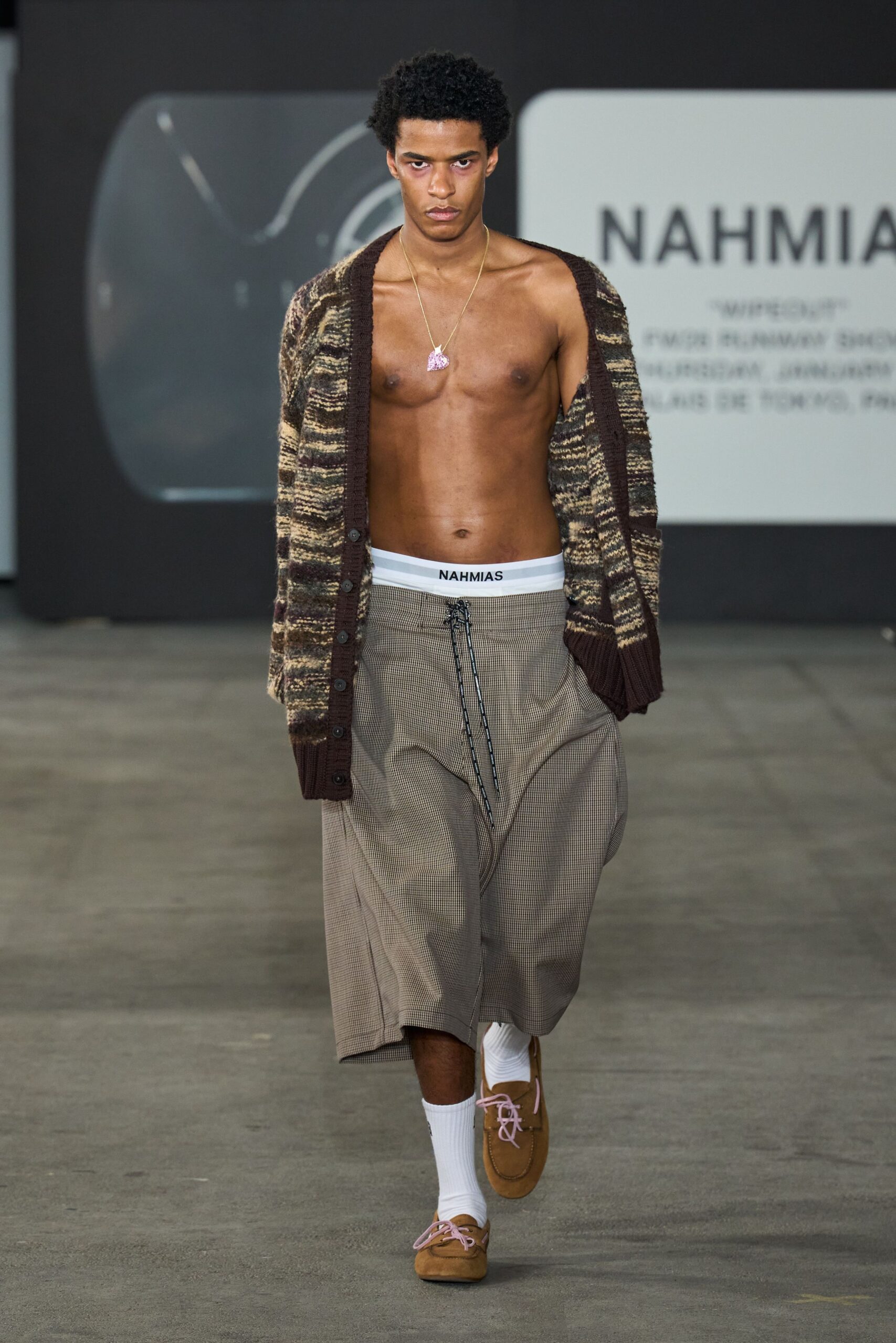 brown wool cardigan with gray pants