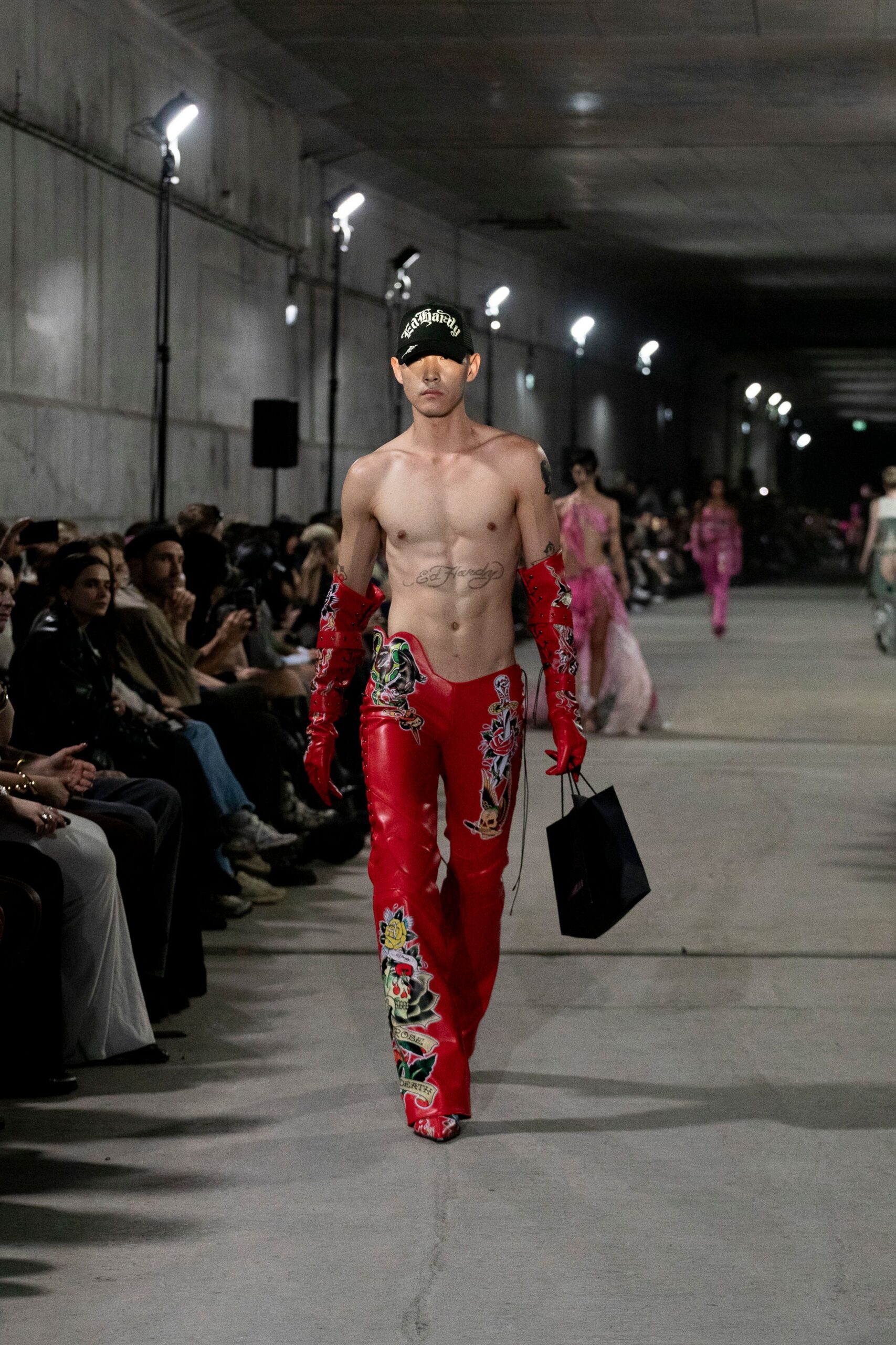 red leather fitted embroidered pants