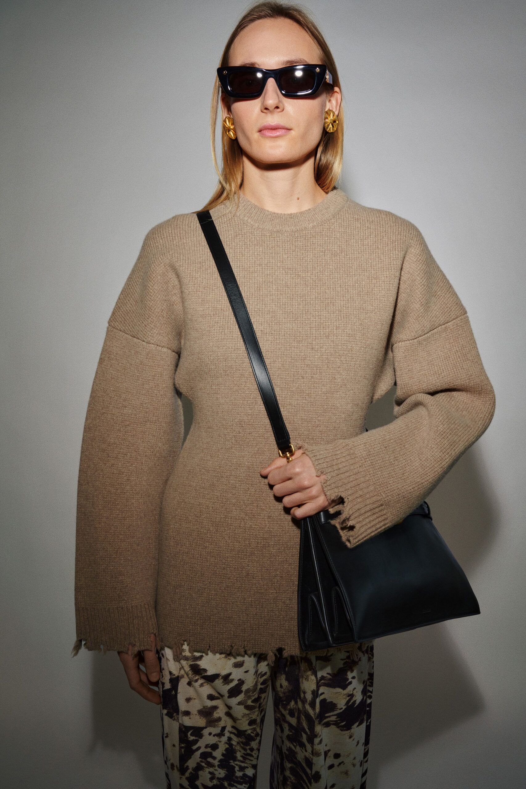 beige wool long-sleeve collared oversized fringed sweater